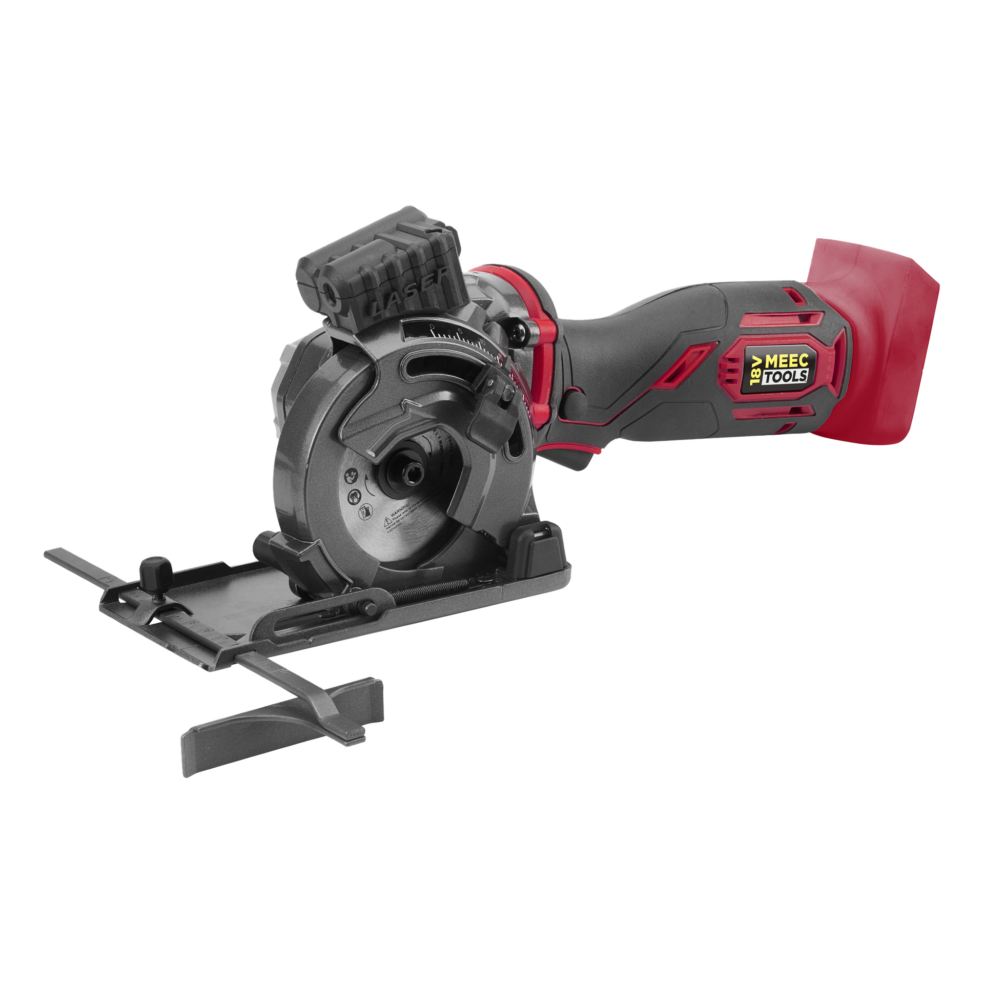 Czarno-czerwony Meec Tools Multiseries Plunge obejmował CI-18V WORK 710, prezentujący odsłoniętą ostrze, solidną podstawę dla utrzymania równowagi oraz logo Meec Tools na rękojeści.