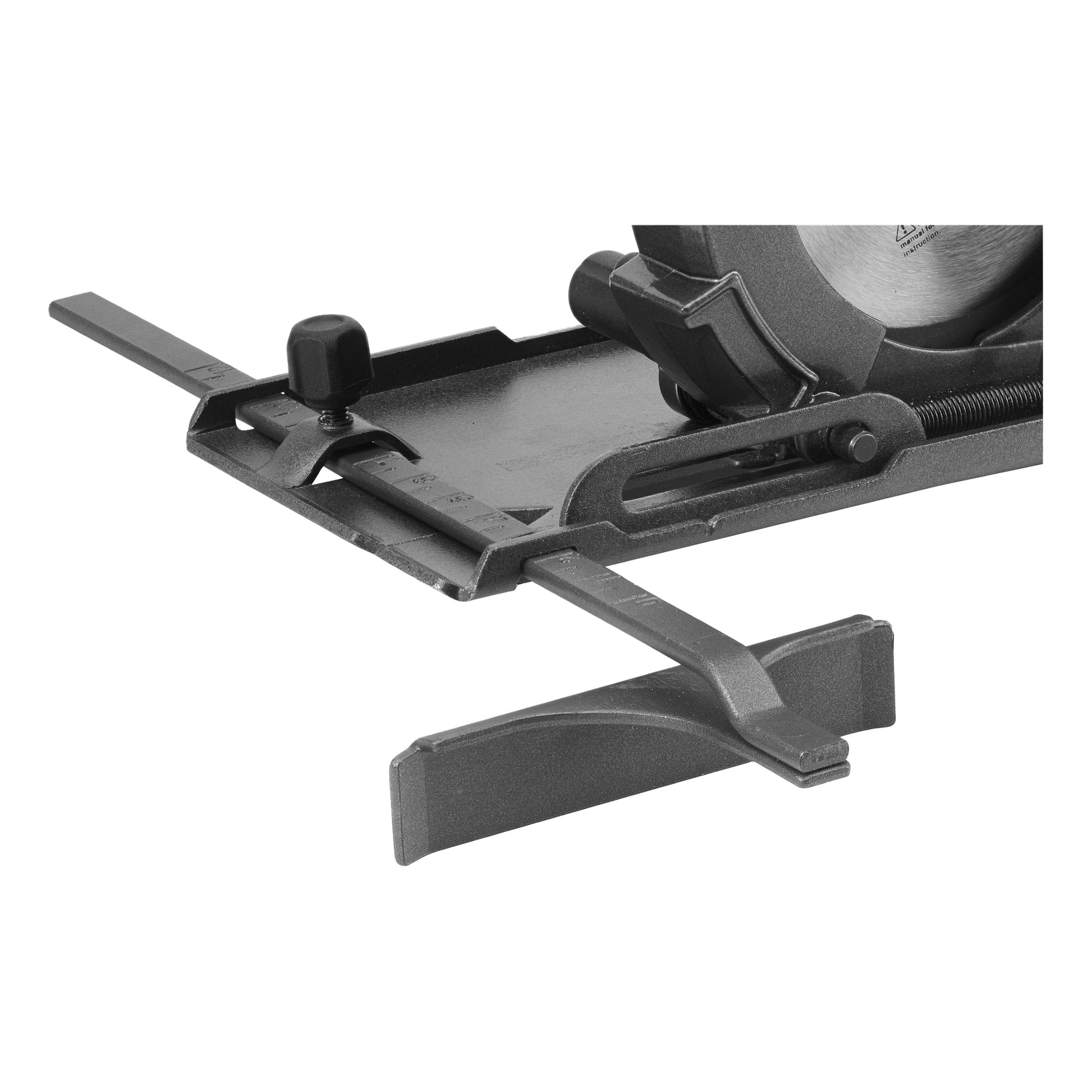 Szczegółowe zbliżenie Meec Tools Multiseries Plunge pokazało CI-18V WORK 710, skupiający się na metalowej prowadnicy i płycie podstawowej. Na zdjęciu przedstawiono regulowane ogrodzenie oraz widoczne oznaczenia pomiarowe umożliwiające precyzyjne, proste cięcie. Widoczna jest także część osłony ostrza oraz fragment tarczy piły.