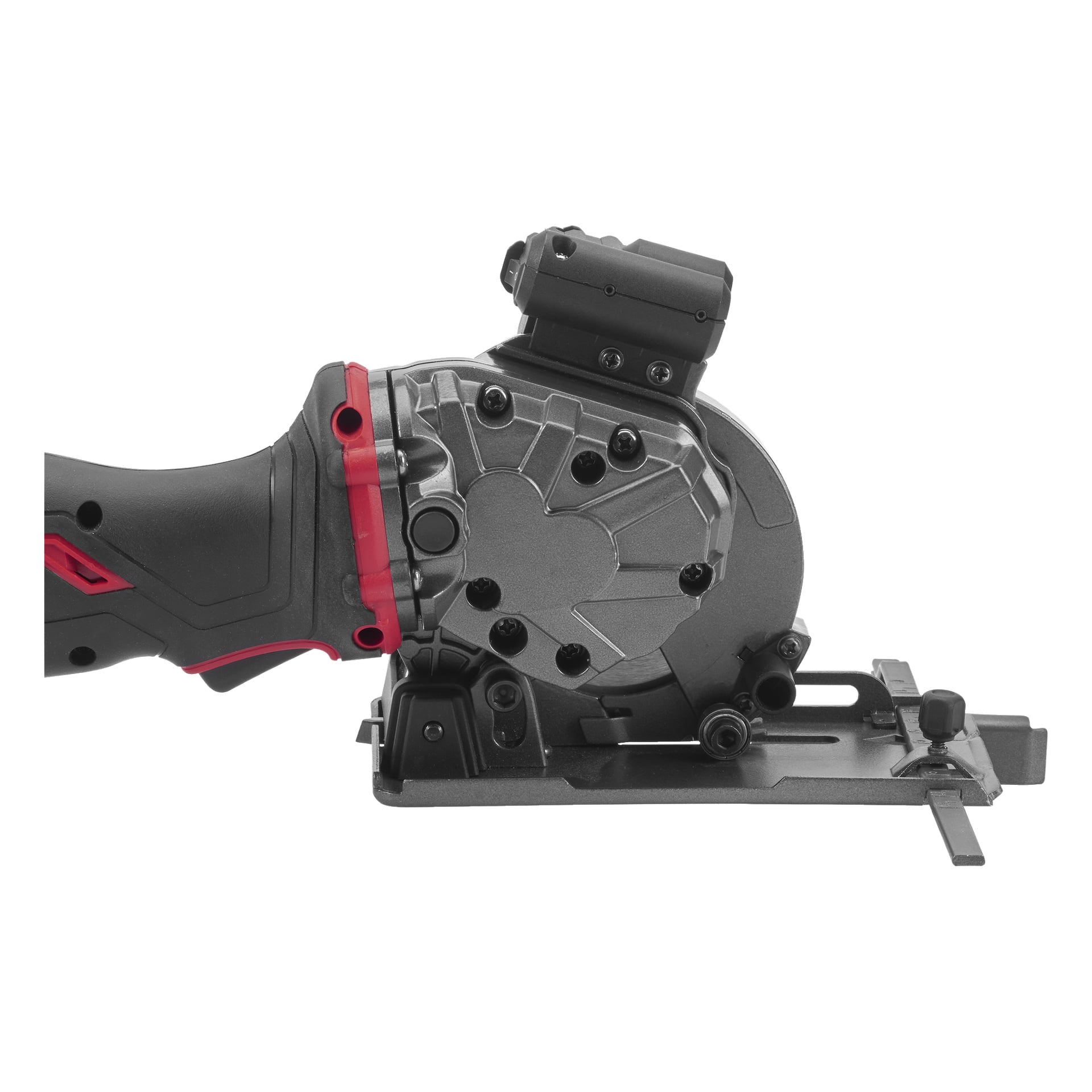 Widok z bliska na Meec Tools Multiseries Plunge zobaczył CI-18V WORK 710, z czarno-czerwonym uchwytem i metalowym, okrągłym ostrzem częściowo osłoniętym ochroną.