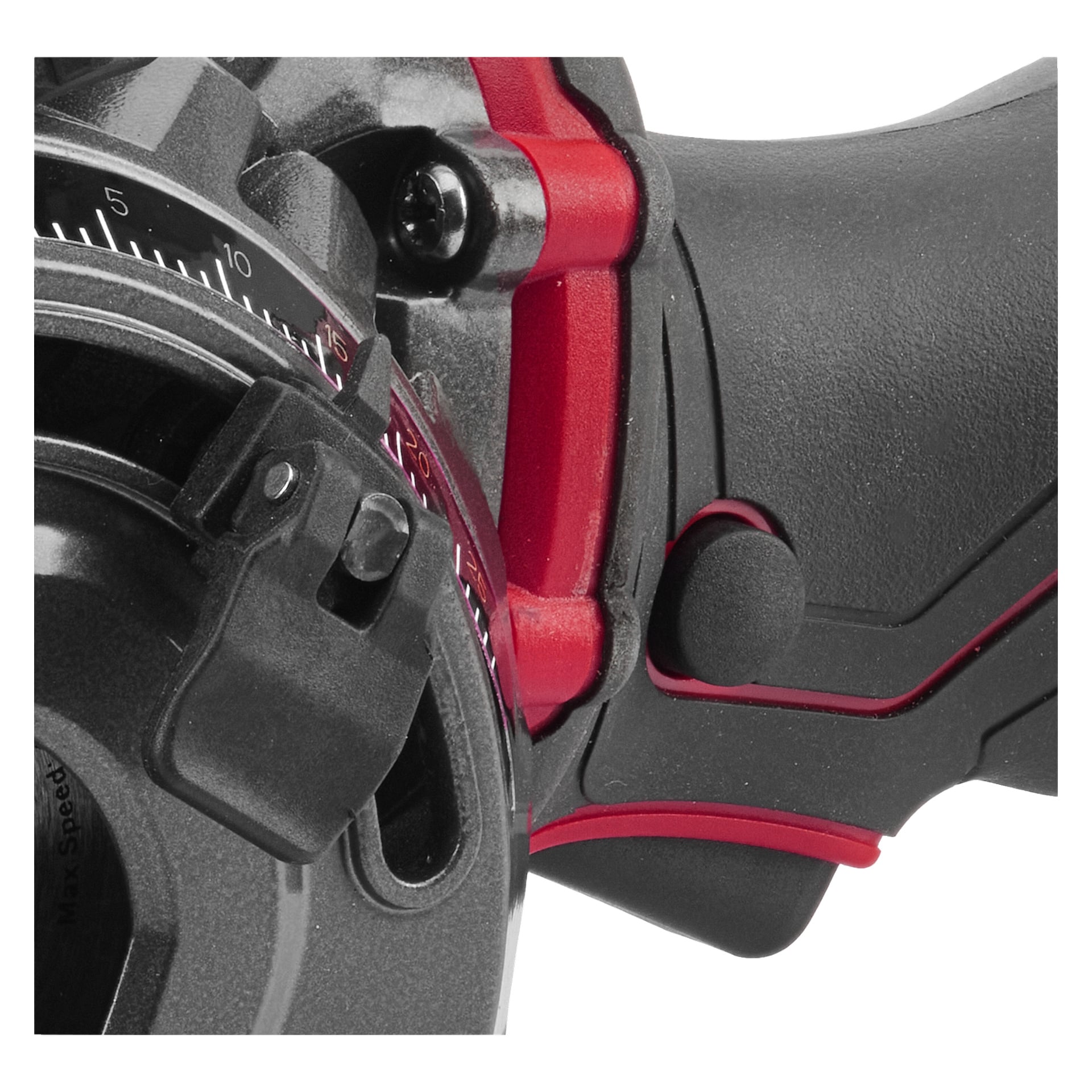Szczegółowy widok Meec Tools Multiseries Plunge pokazał uchwyt CI-18V WORK 710, prezentujący czarno-czerwony design z teksturowanym chwytem, spustem i pokrętłem regulacyjnym oznaczonym na biało.