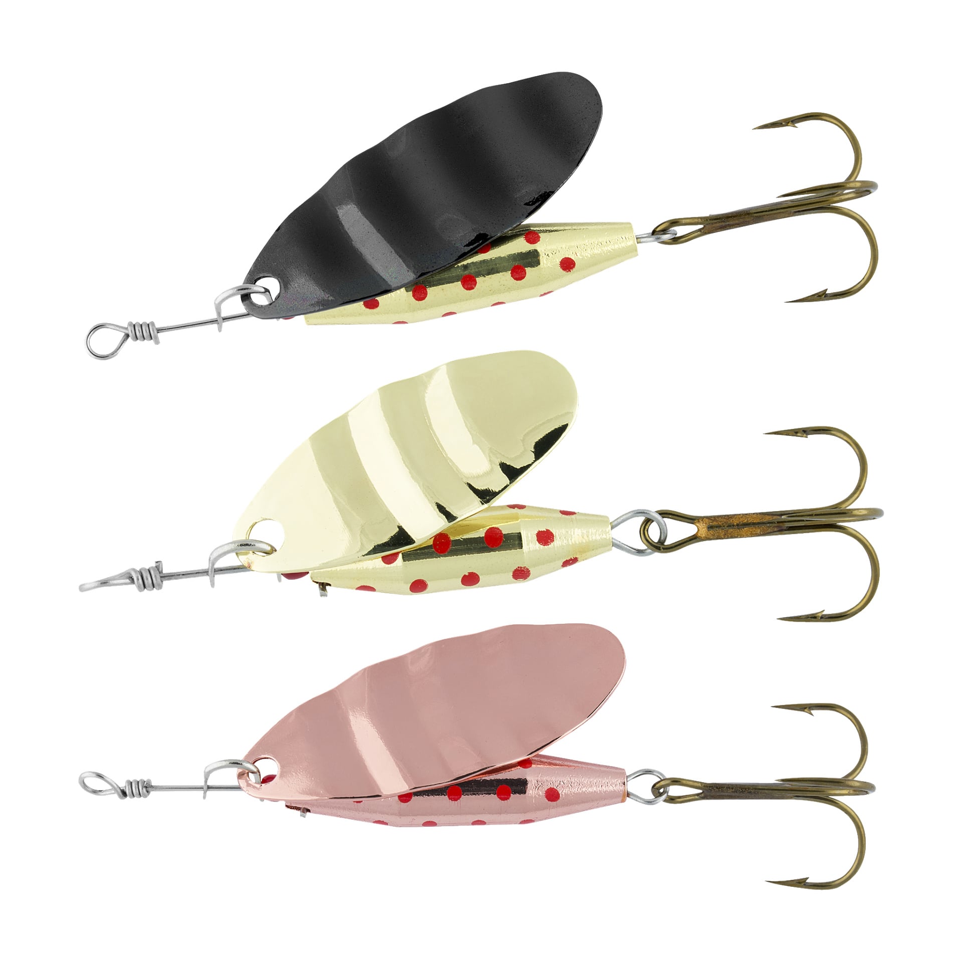 Tre Abu Garcia Spinner-beten visas i en vertikal uppställning, där varje bete har en distinkt finish – svart, guld och koppar – med röda fläckar. Alla tre metallbeten har treblekrokar fästa, spiralade trådkroppar och ett ögla för att fästa fiskelina.