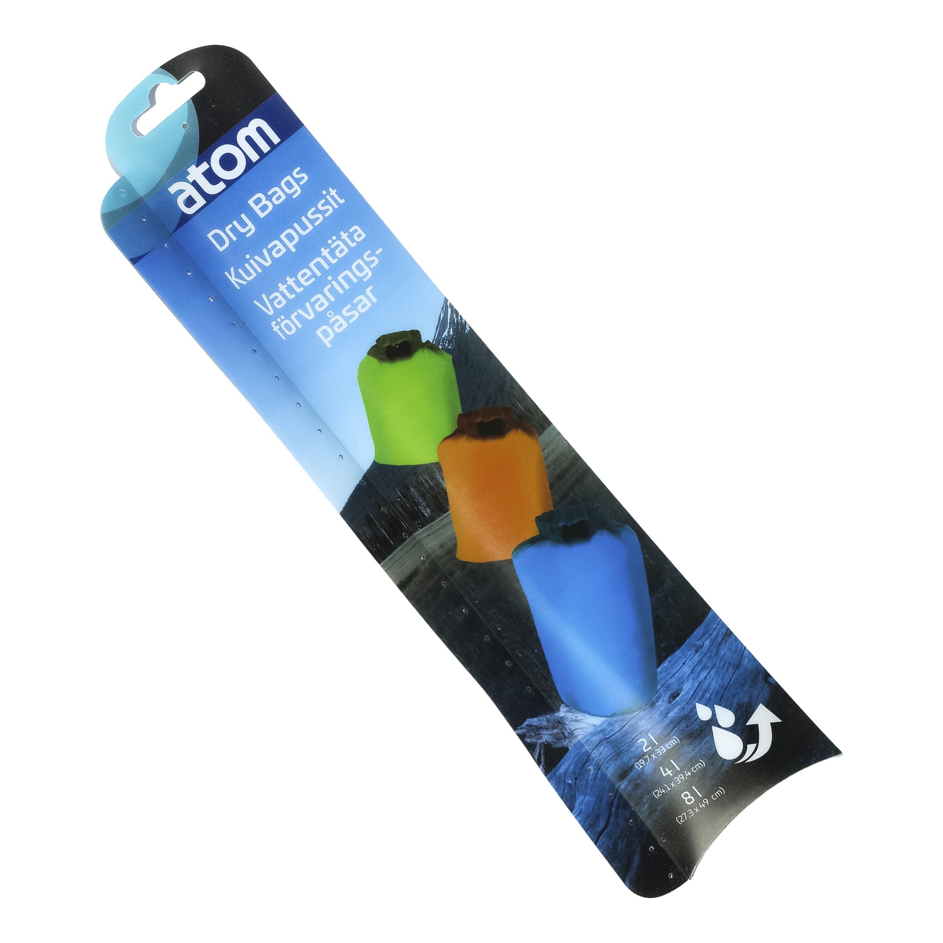 Atom Waterproof -säilytyslaukun 3-pakkauksessa on kolme pussia vihreänä, oranssina ja sinisenä. Teksti näkyy sinisellä vesiteemaisella taustalla, jossa on tuotekapasiteettikaavio.