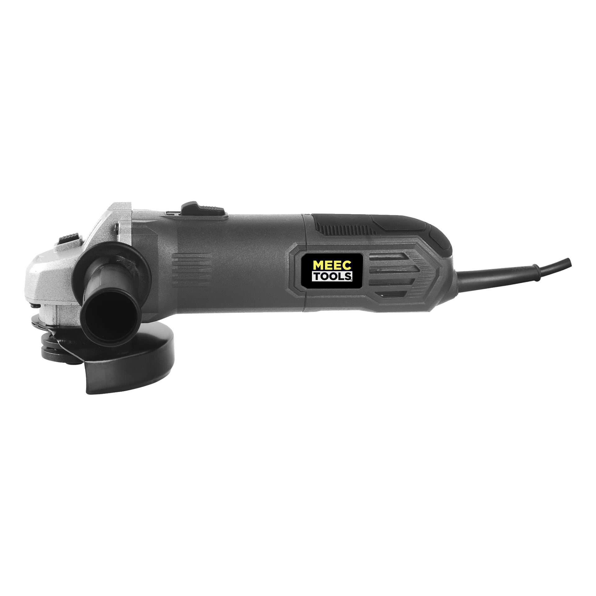 En svart och grå vinkelslipmaskin från Meec Tools med sidohandtag, snöre och orden MEEC TOOLS i gult och vitt på höljet.