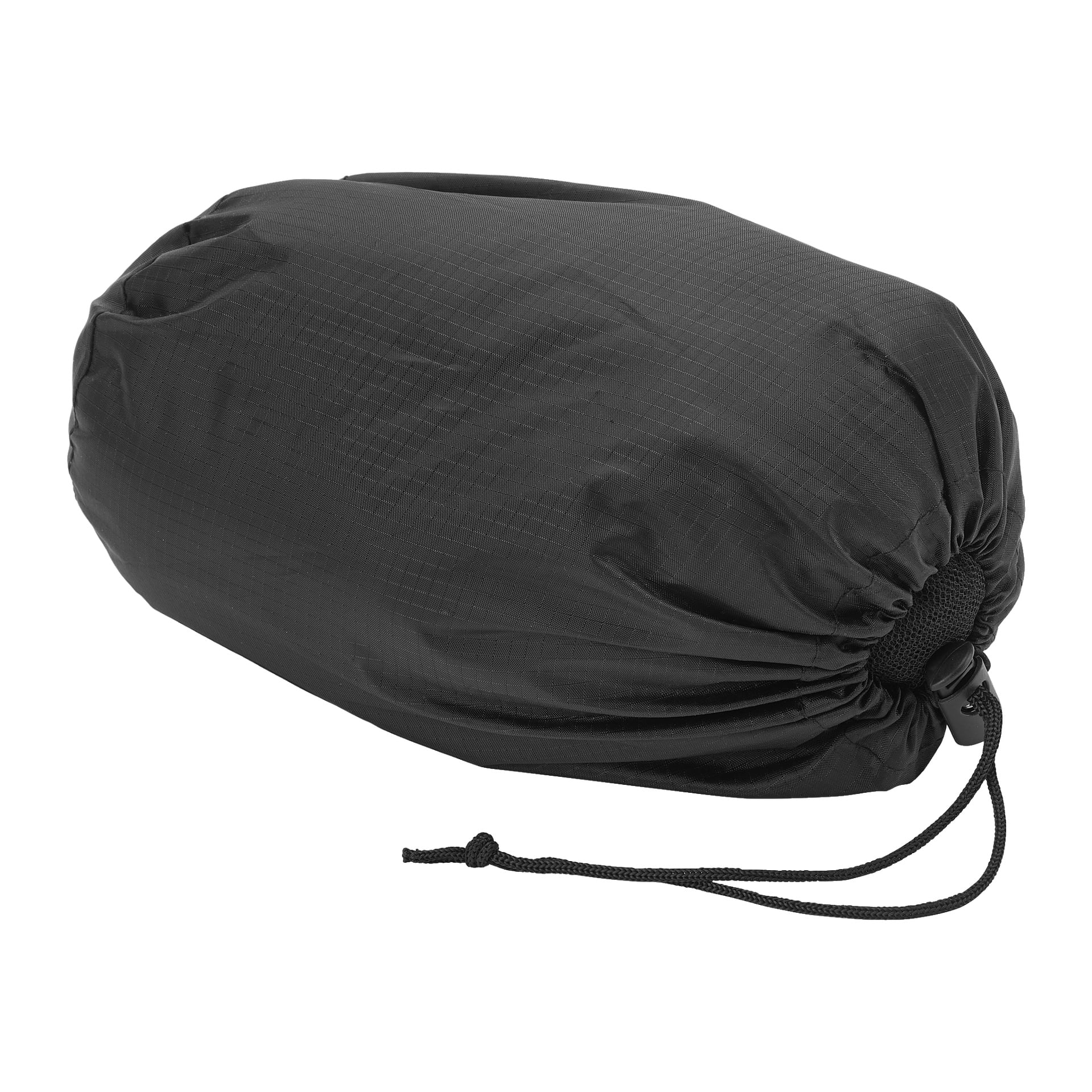 Ett Kayoba Myggnät är packat i en svart, lätt ripstop-tygsäck, med synlig snöre och snörstängning i ena änden.