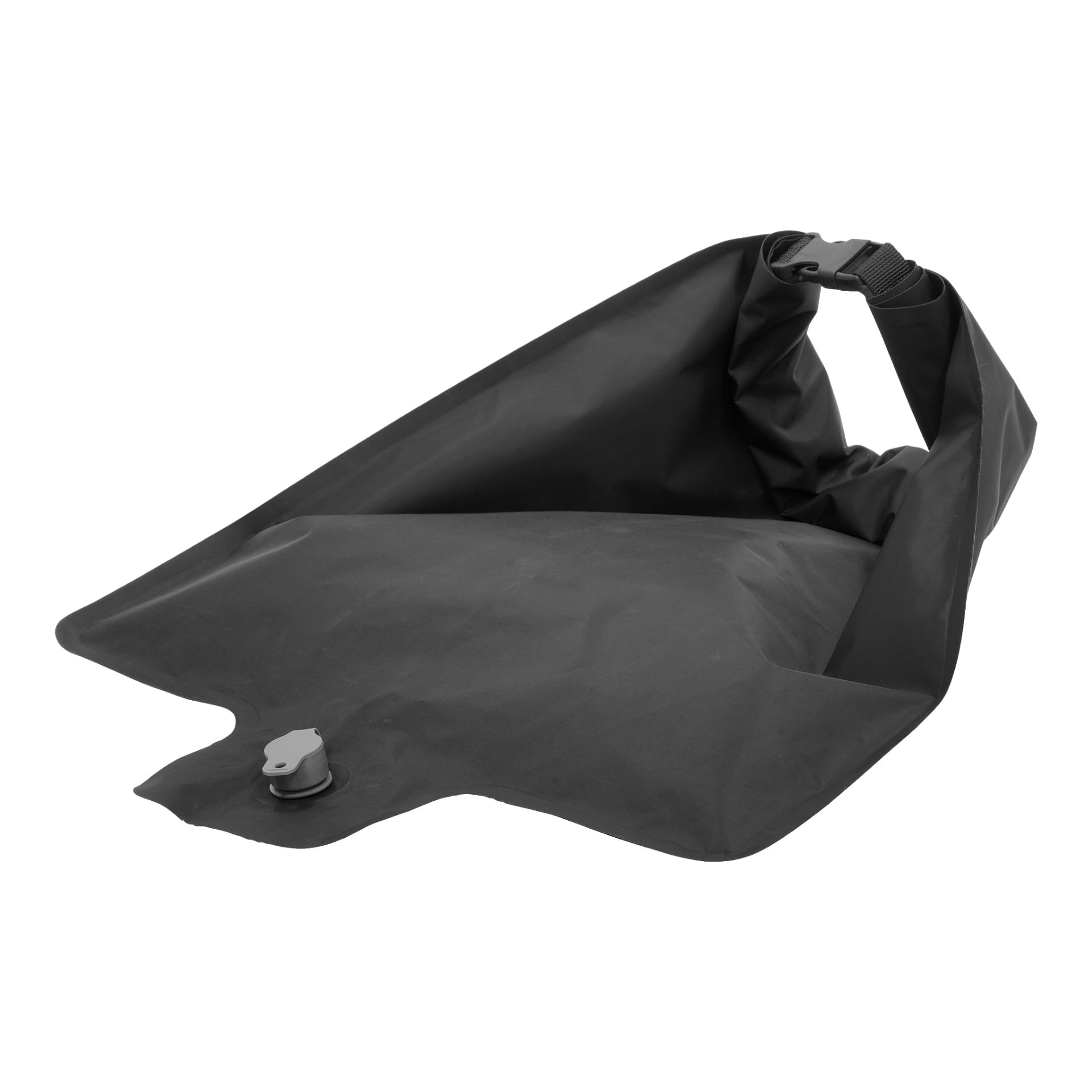 En hållbar svart rektangulär sovmatta från Kayoba Outdoor, designad med plastlock i ena änden och spännstängning på motsatt sida. Mattan visas delvis komprimerad, vilket framhäver dess flexibla konstruktion.