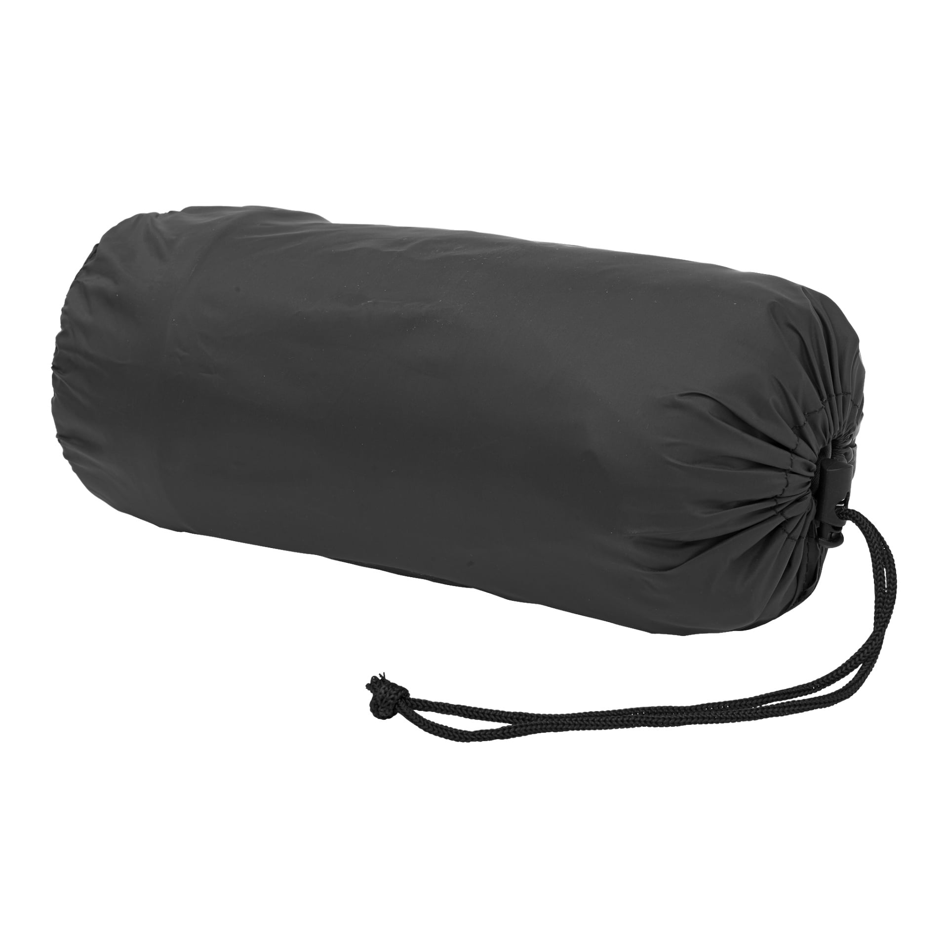 En svart cylindrisk packsäck med dragsko och sladd rymmer en Kayoba utomhussovmatta.