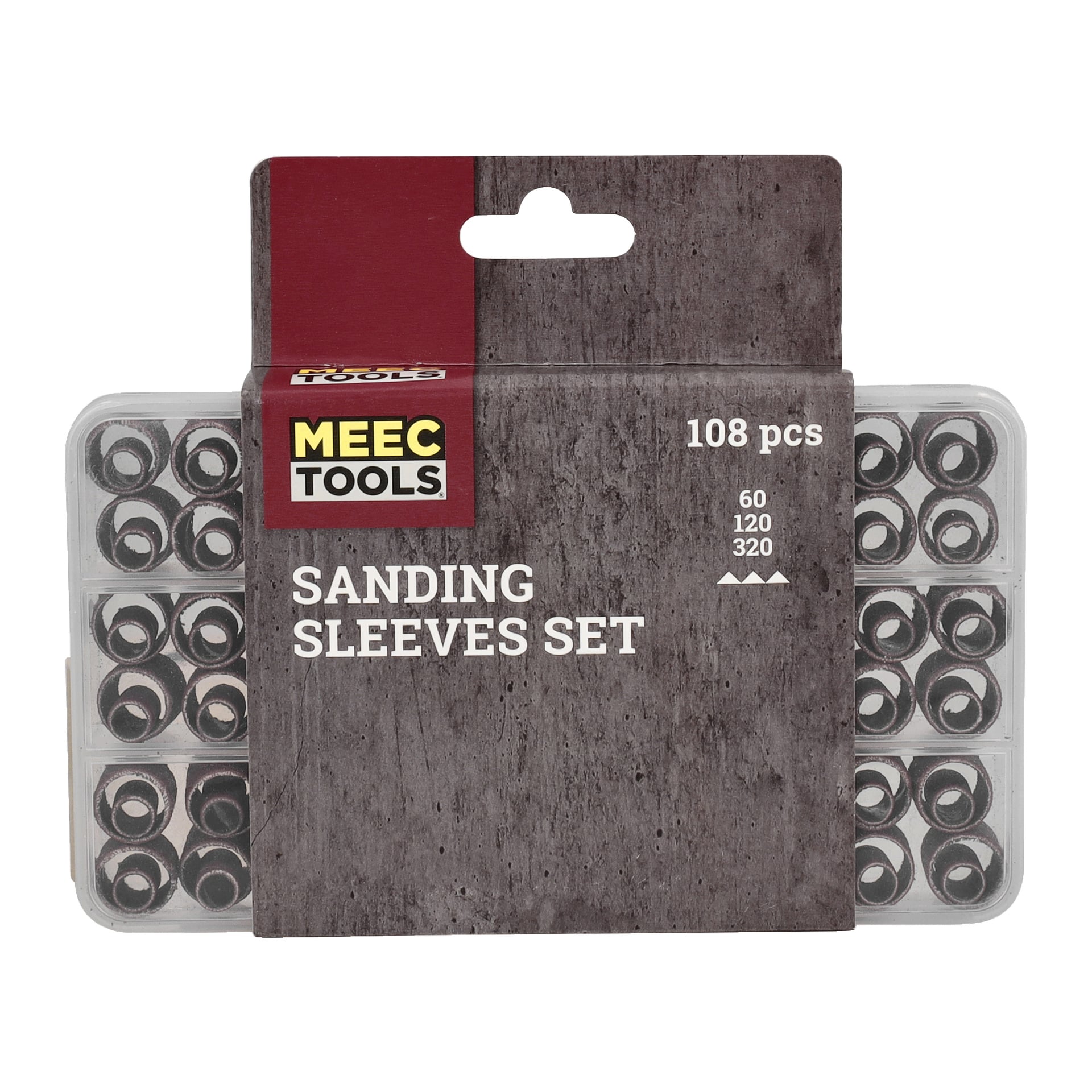 Ett plastfodral från Meec Tools visar etiketten "Sanding sleeve set 108 pieces" och innehåller 108 sliphylsor organiserade i tre korn: 60, 120 och 320, med dessa siffror visade på framsidan.