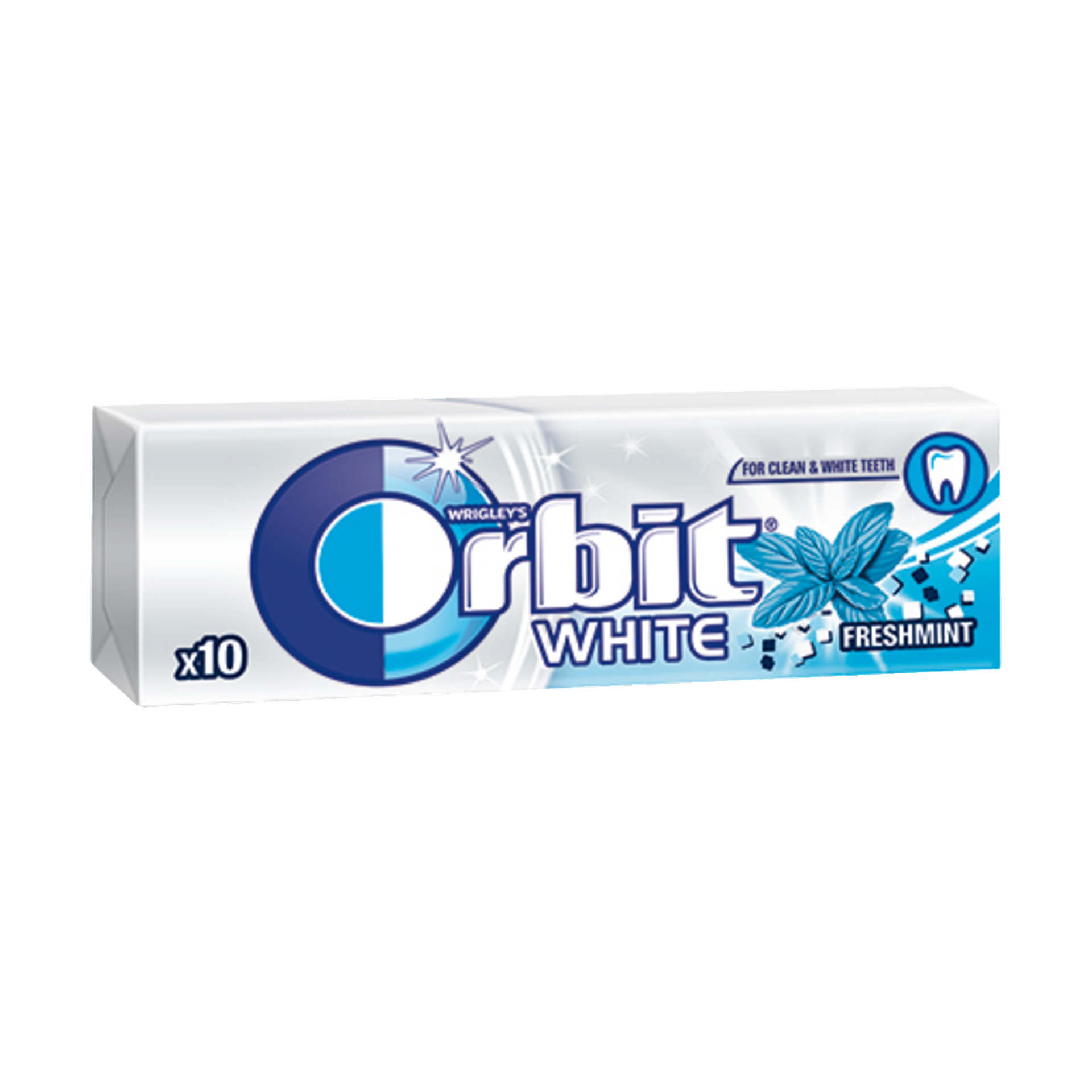 Guma do żucia Orbit White Freshmint jest pokazana w niebiesko-białym opakowaniu ozdobionym liśćmi mięty, małymi kostkami w kolorze niebiesko-białym oraz napisem "Dla czystych i białych zębów". Pakiet zawiera 10 elementów.
