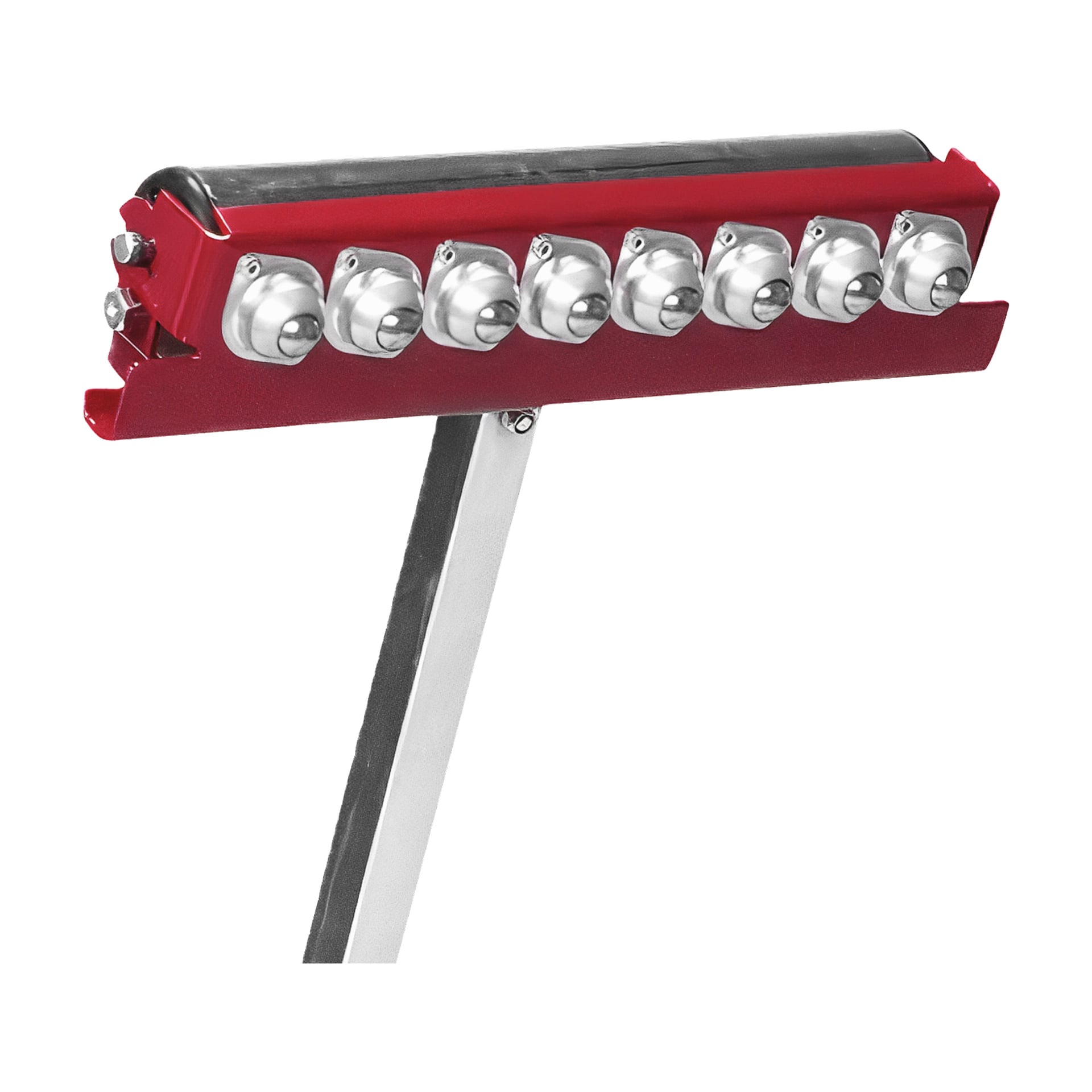 Ett Meec Tools rullställ med åtta röda och silverfärgade metallrullar uppradade på en enda vinklad arm, alla stödda av en rektangulär röd metallbas.