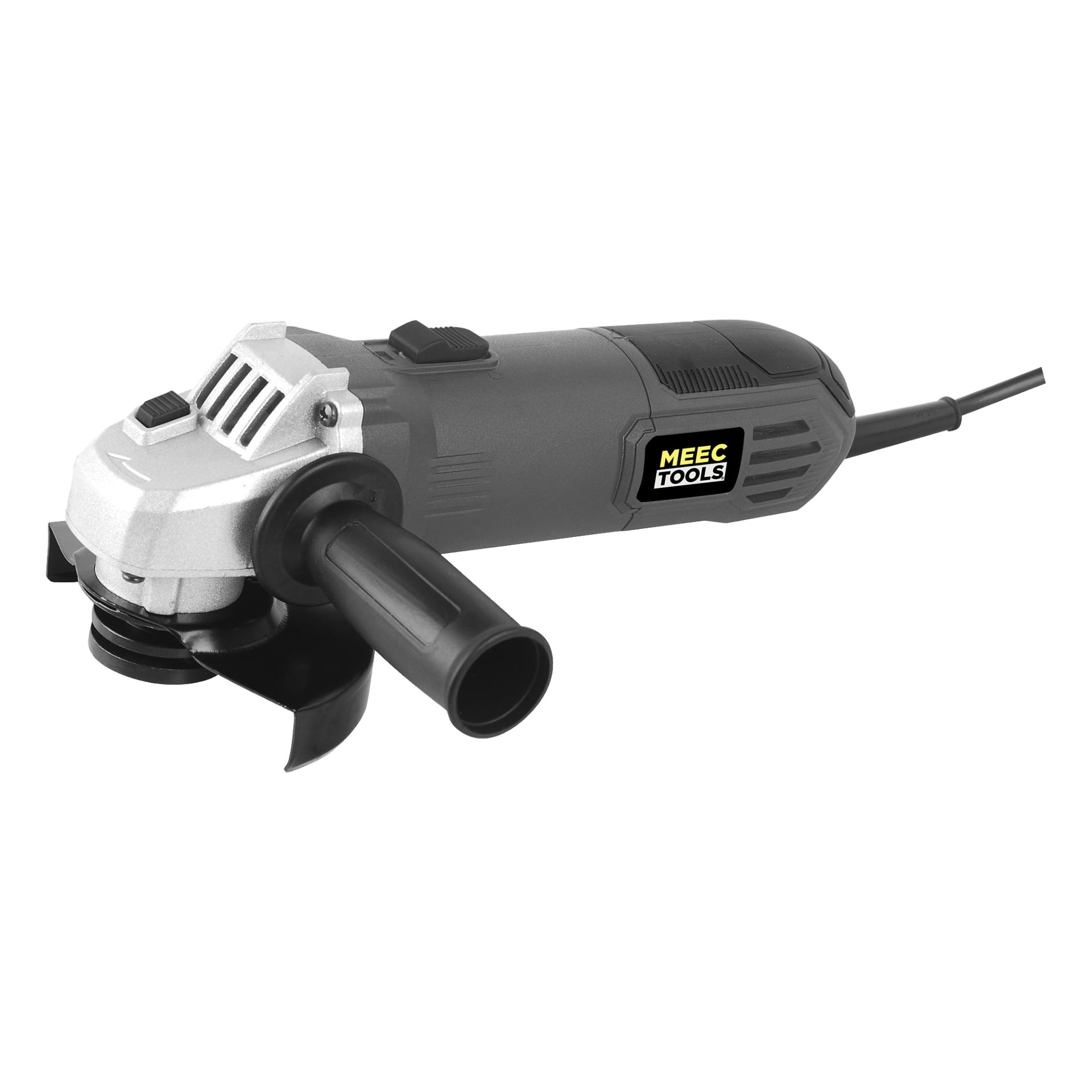 En svart och silverfärgad Meec Tools vinkelslipmaskin med sidohandtag, strömkabel och skyddsskydd.