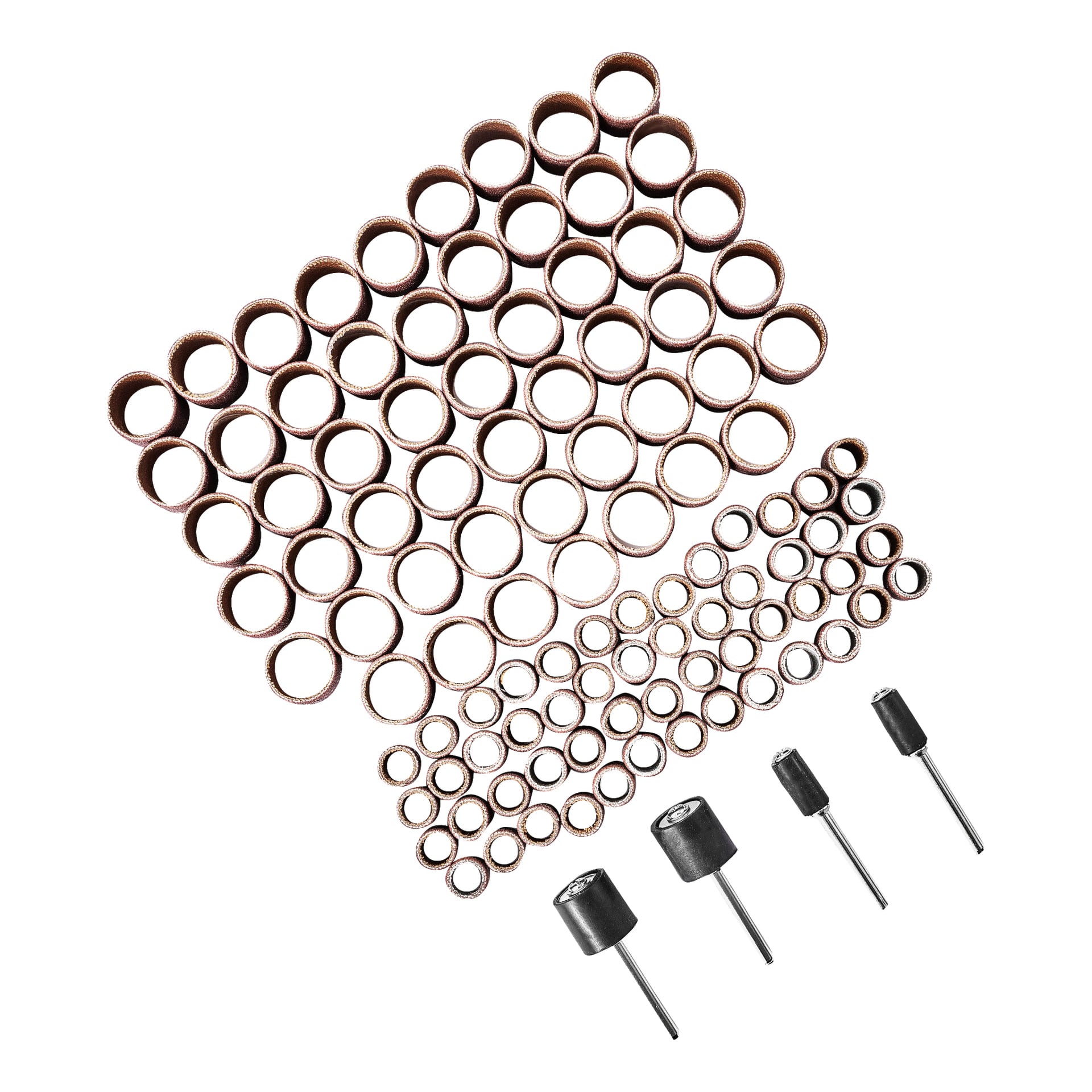 Meec Tools Sanding Sleeve Set (108 delar) visar upp ett urval av bruna slipsliphylsor i olika storlekar, prydligt organiserade i rader ovanför fyra metallmandrels med svarta gummitrumhållare.