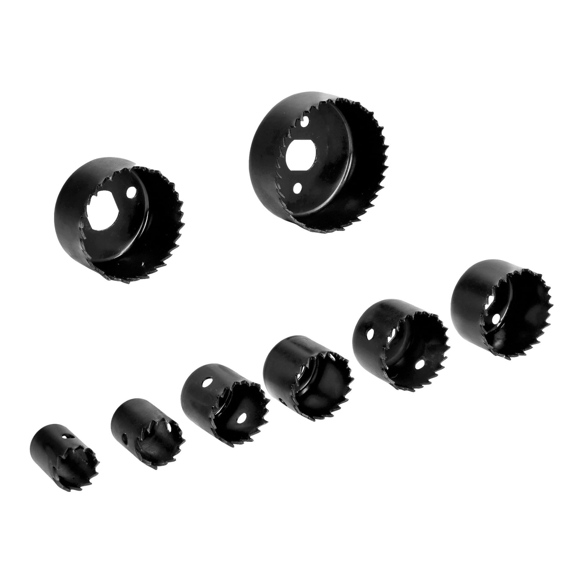 Sjutton svarta metallhålsborrar från Meec Tools Hole Saw/Drill Bit-serien är uppradade i två rader, där varje rad visar vassa, taggiga tänder och cirkulära hål för borrfäste.