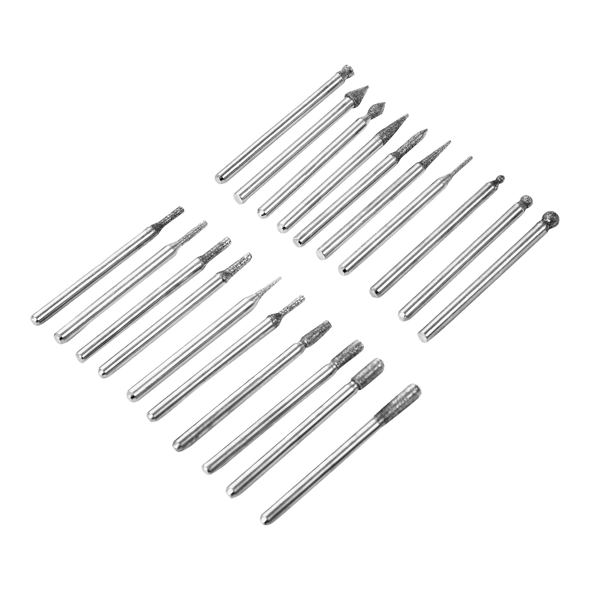 Meec Tools Diamond Grinding Set innehåller 20 silverroterande verktygsbitar, var och en med en distinkt formad spets som passar för olika uppgifter som slipning, skärning och gravering. Bitarna är prydligt organiserade i rader för enkel åtkomst.