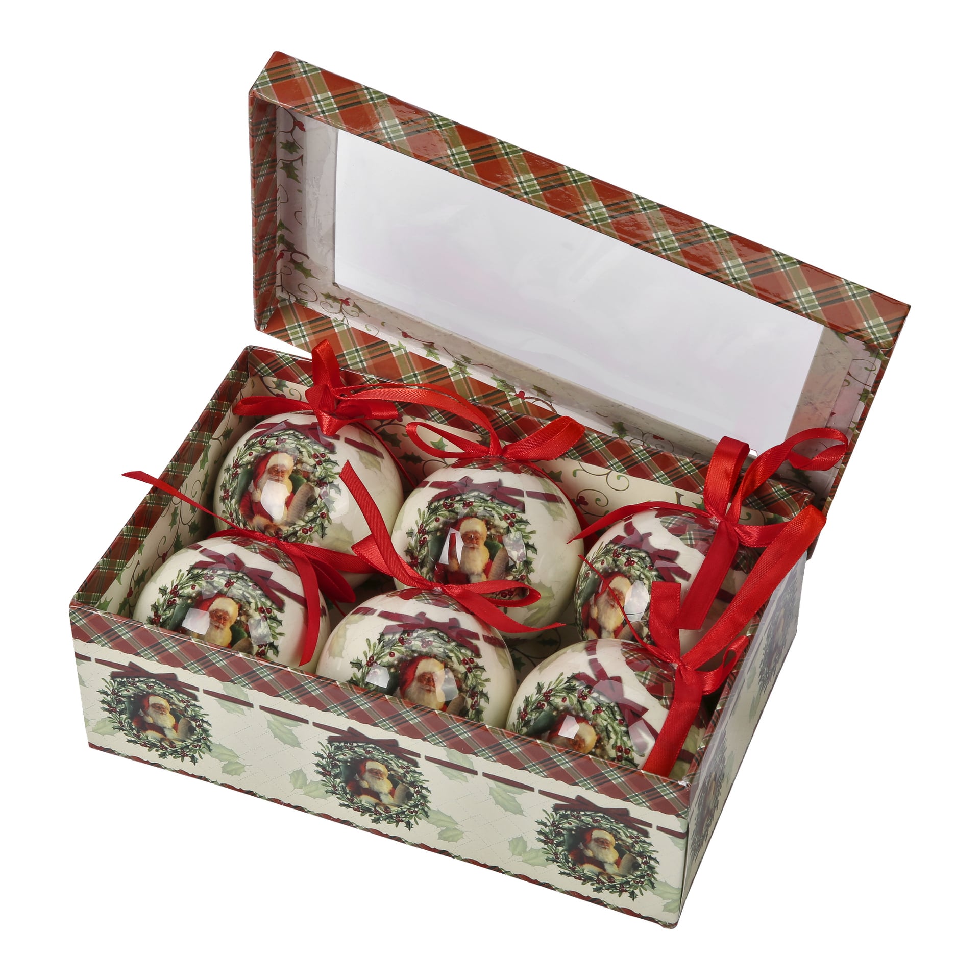 Et sett med seks EKVIP-juletrekuler er arrangert i en dekorativ boks, som har festlige kransmønstre langs sidene og et rutemønster-lokk med gjennomsiktig vindu. Ornamentene inne har alle illustrasjoner av julenissen og er toppet med røde bånd for oppheng.