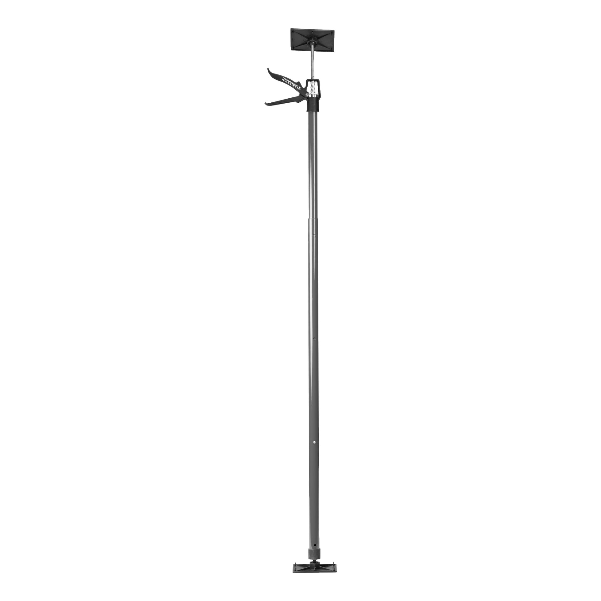 Meec Tools teleskopstöd har en höjdjusterbar stång med platta, fyrkantiga ändar vid basen och toppen. Ett svart hävstångshandtag placeras nära den övre delen för att dra åt eller låsa stången ordentligt på plats.