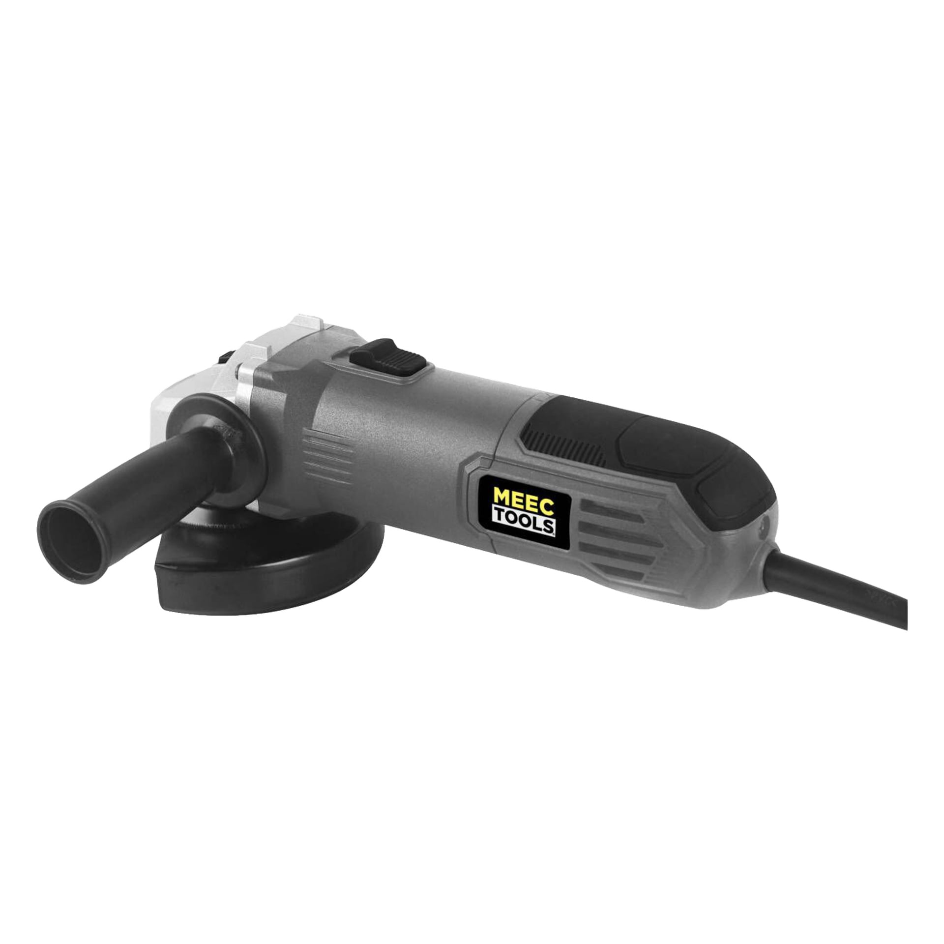En grå vinkelslipmaskin från Meec Tools med sidohandtag och en bakre strömkabel, som visar Meec Tools-loggan på sidan.