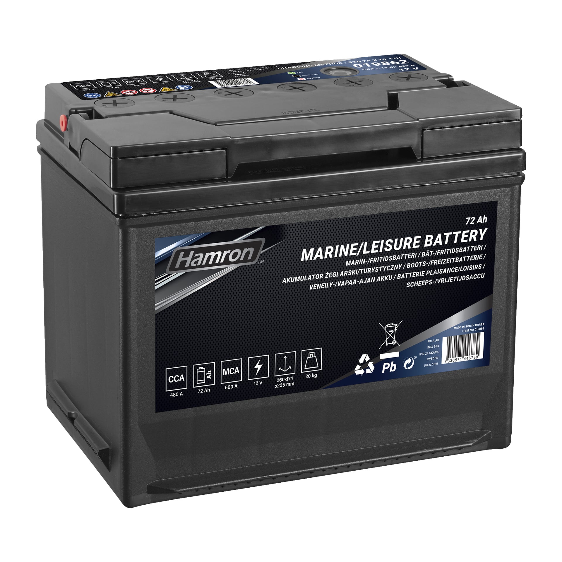 Ett svart Hamron marin- och rekreationsbatteri med blå och silverfärgade etiketter som visar specifikationer som 72 Ah och 12V, tillsammans med flera symboler. Toppen av batteriet har synliga polstolpar.