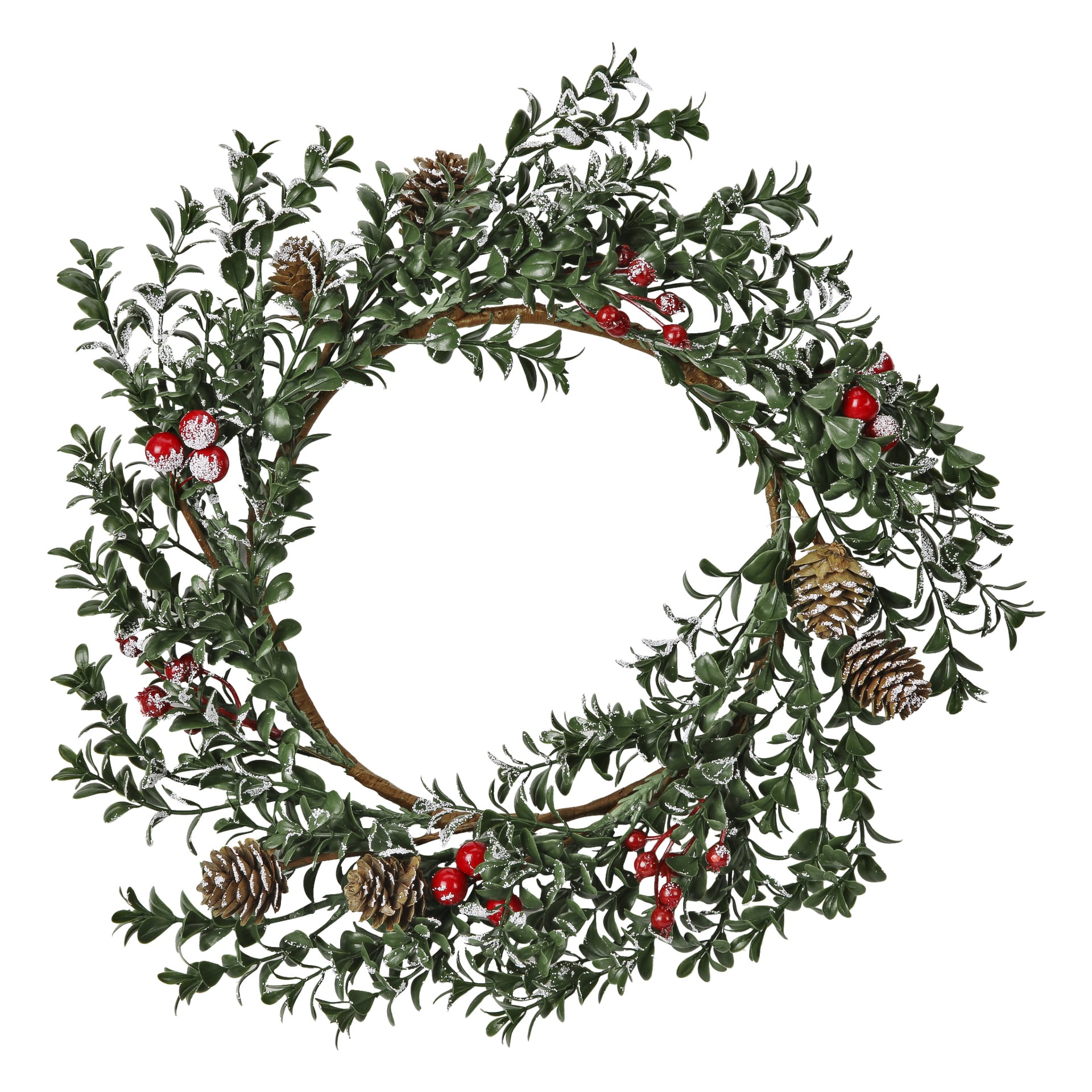 EKVIPs julkrans har gröna lövgrenar, kottar och röda bär som pudras med snö.