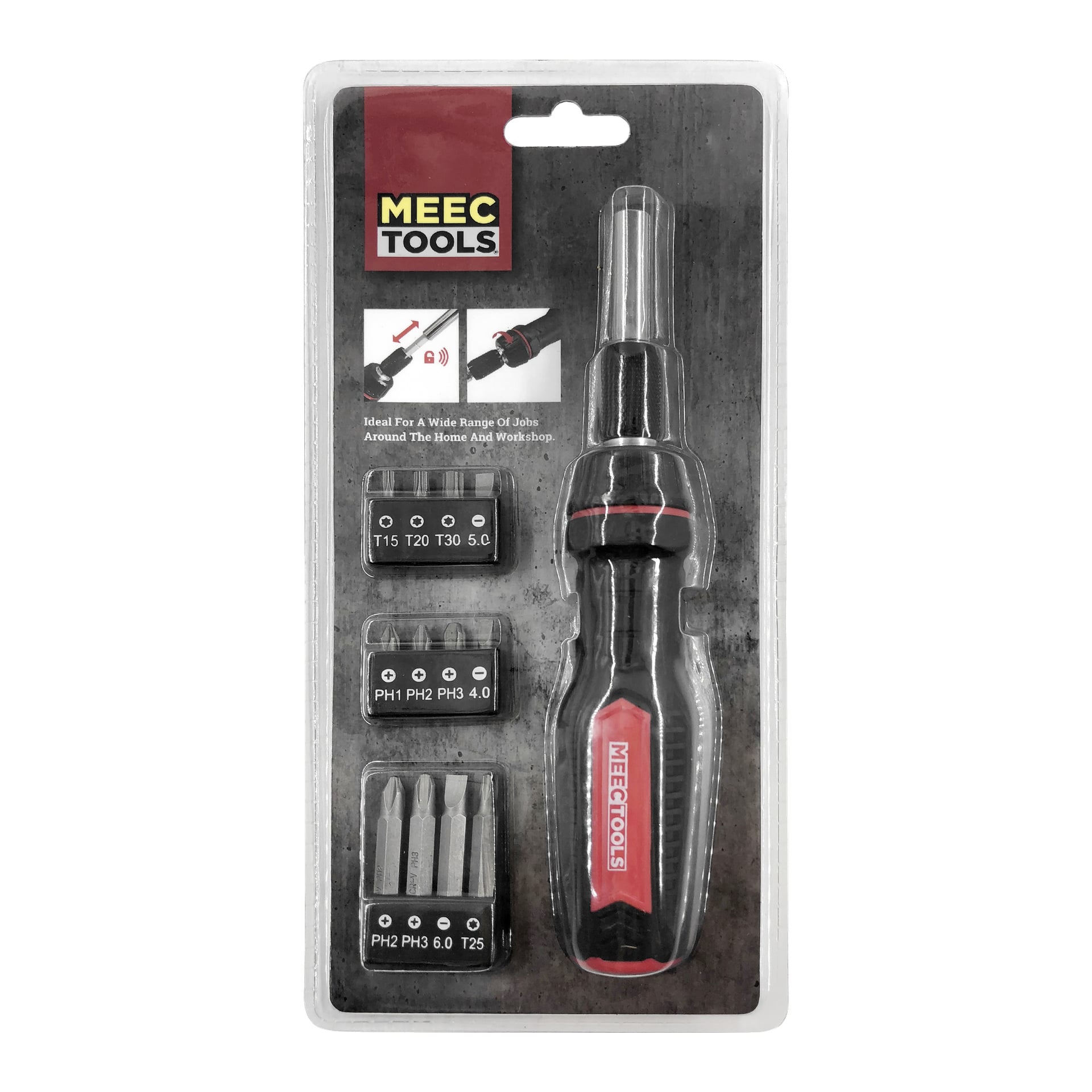 Zestaw 13-częściowego śrubokręta Meec Tools z czarno-czerwonym uchwytem i 12 bitami, ułożony w trzy oznaczone sekcje w przezroczystym plastikowym opakowaniu, stoi na szarej, fakturowanej powierzchni.