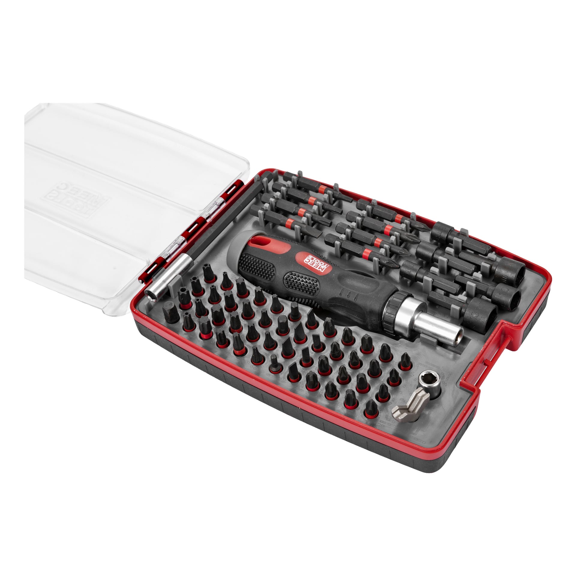 Ett 66-delat Meec Tools Bit Set som visas i ett plastfodral, innehållande en spärrskruvmejsel med svart och rött handtag, flera utbytbara bits och hylsfästen, var och en placerad i sin tilldelade plats.