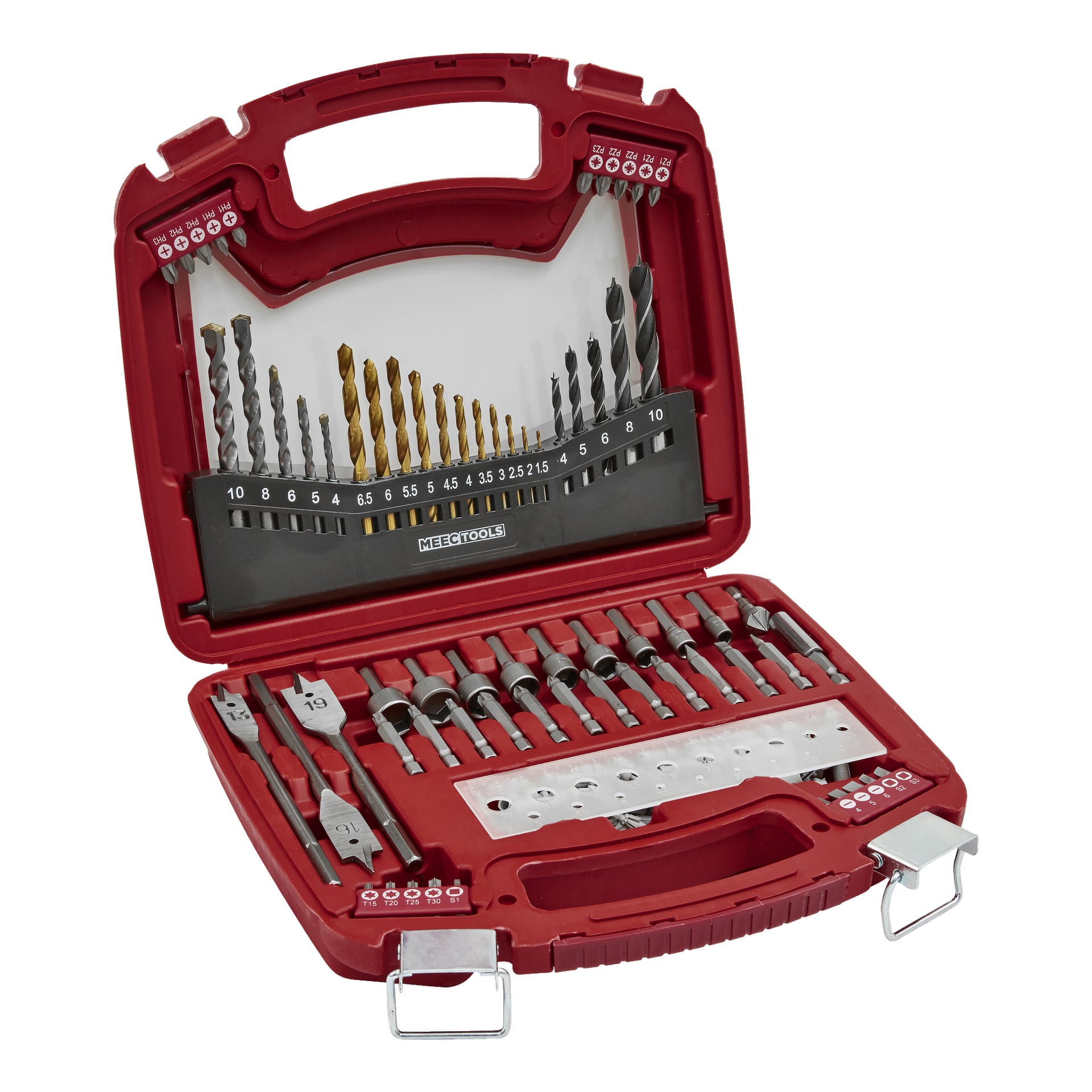 Meec Tools 128-delade borr- och bitset är organiserat i ett rött plastfodral, där varje typ av borr—trä, metall, murverk, spade—har sin egen spår efter storlek, och inkluderar en metalllinjal.