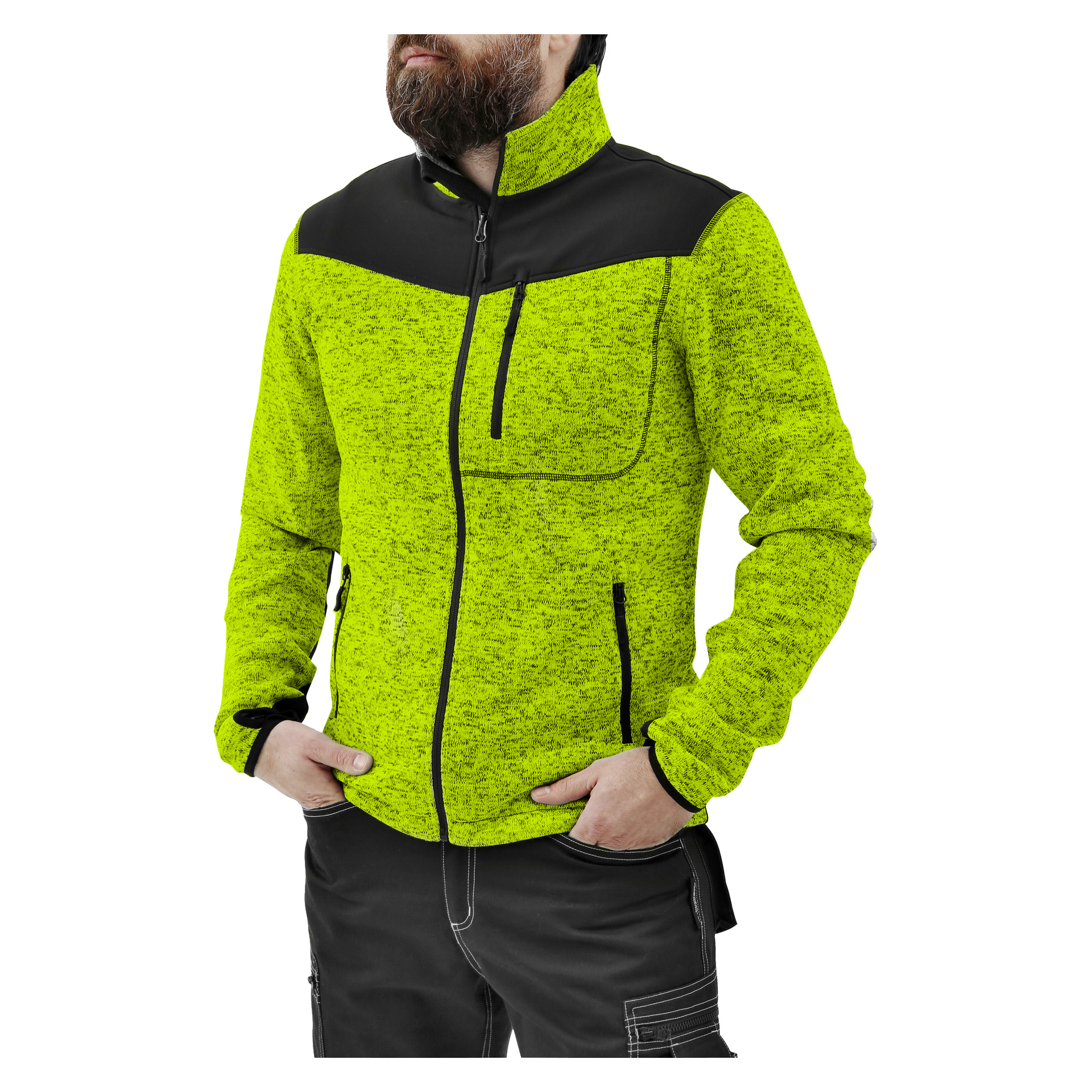 En skäggig man visar upp en ljusgulgrön Bluewear-fleecejacka med svarta detaljer och fickor, händerna i byxfickorna.