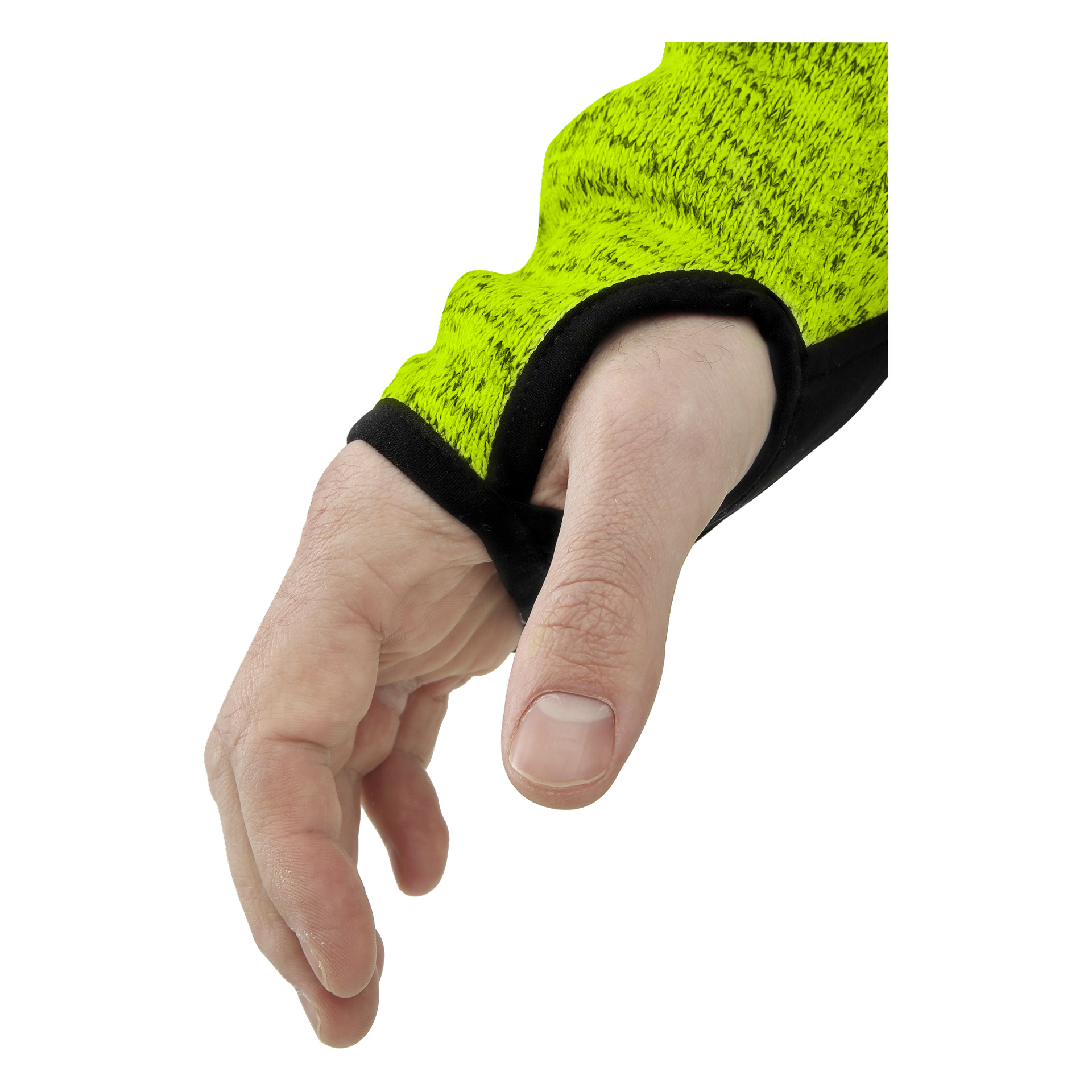 Närbild på en vänster hand i en Bluewear Knitted fleecejacka för herrar med tumhålsärmar, delvis täckande handen men blottande tummen.