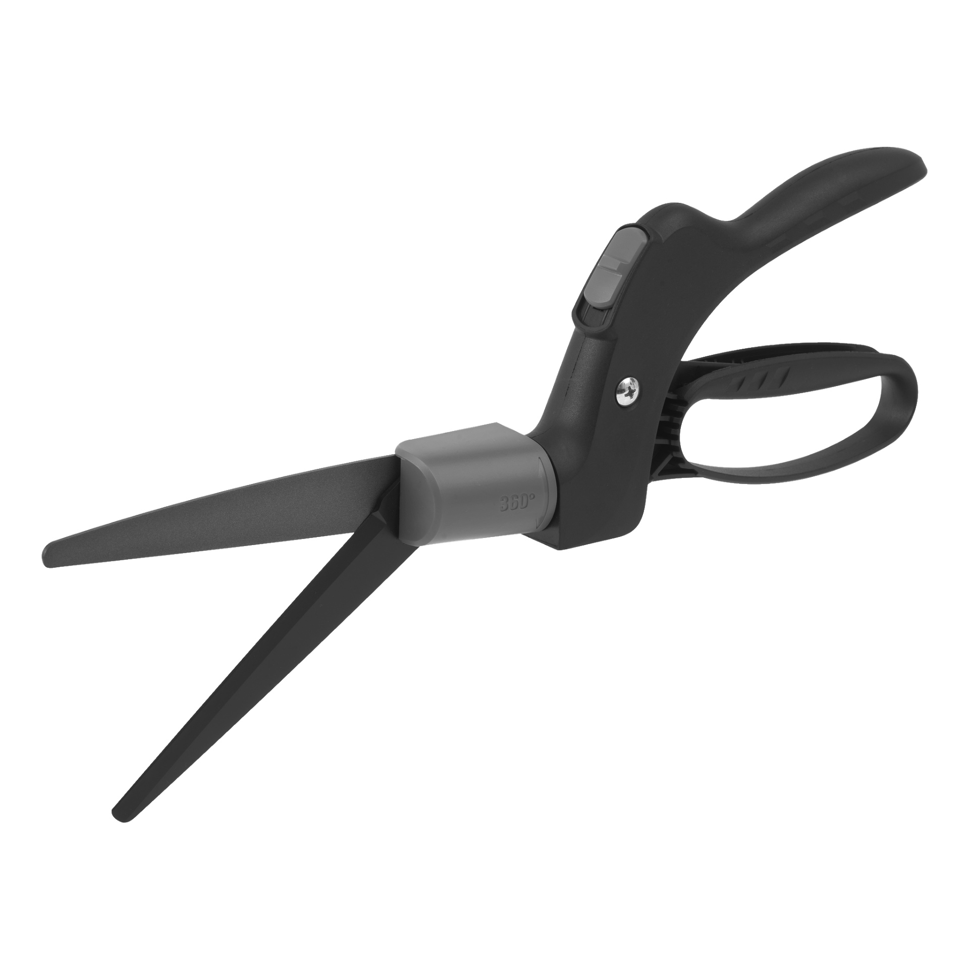 Hårda huvudgräsaxar med förlängda, raka svarta blad och ett svart ergonomiskt handtag som inkluderar en grå pivotled och avtryckarliknande grepp.