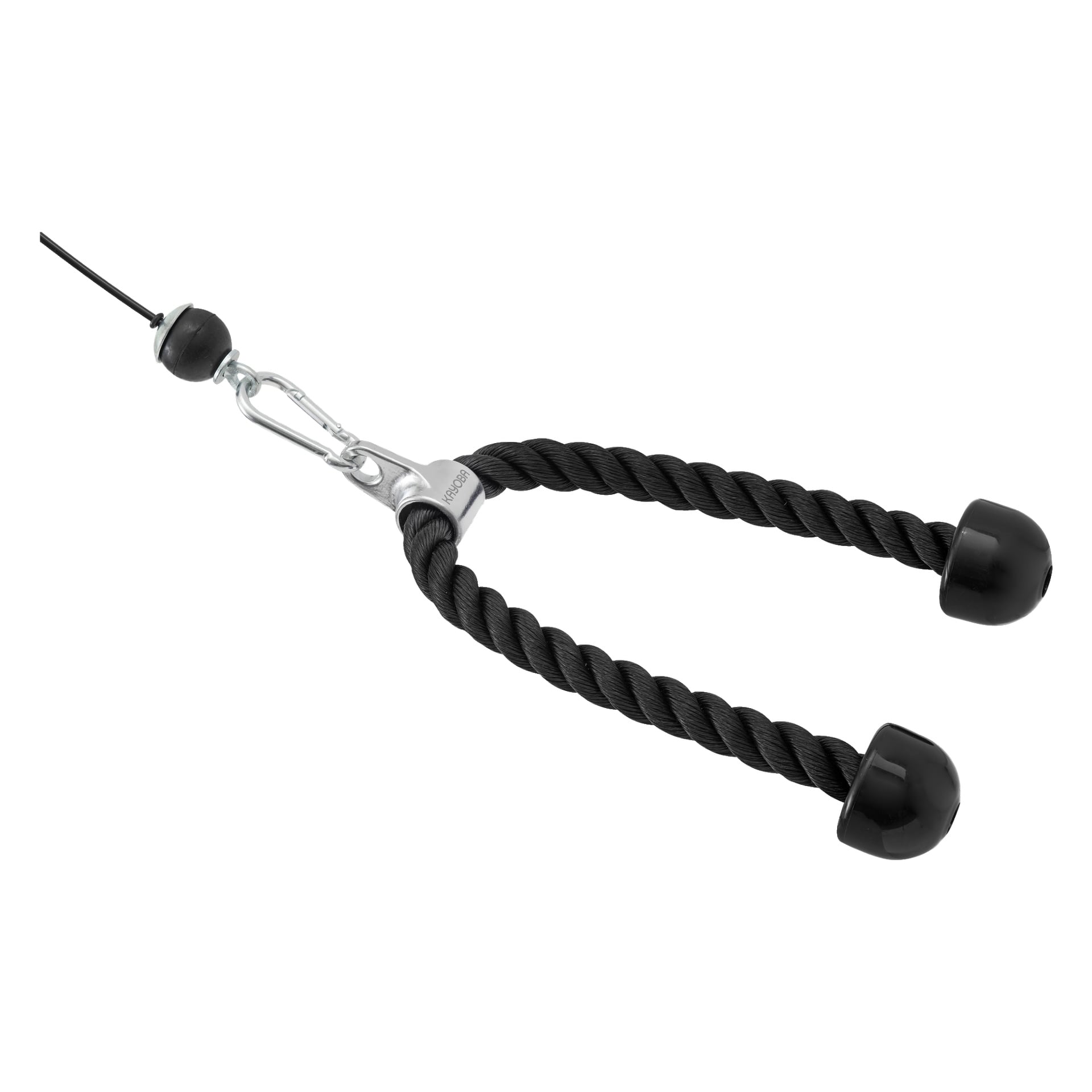 Ett set med fem Kayoba triceps repkabelremsystem visas, inklusive ett svart rep med gummibelagda ändar kopplat till en metallkarbinhake som fästs vid en kabelmaskin.
