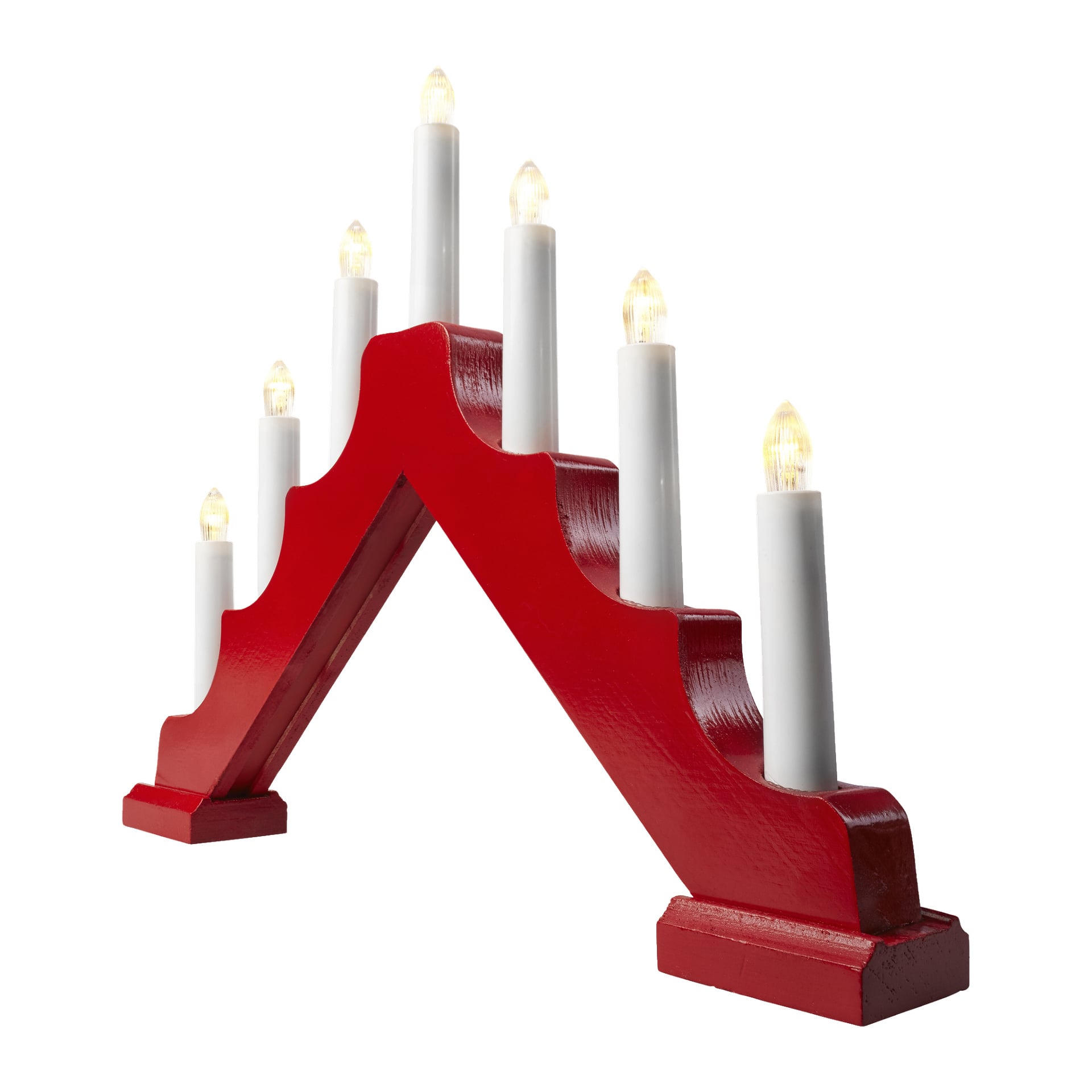 En röd adventsljushållare i trä i klassisk bryggform visar sju vita LED-ljus, jämnt placerade i en graciös båge där varje ljus glöder mjukt.