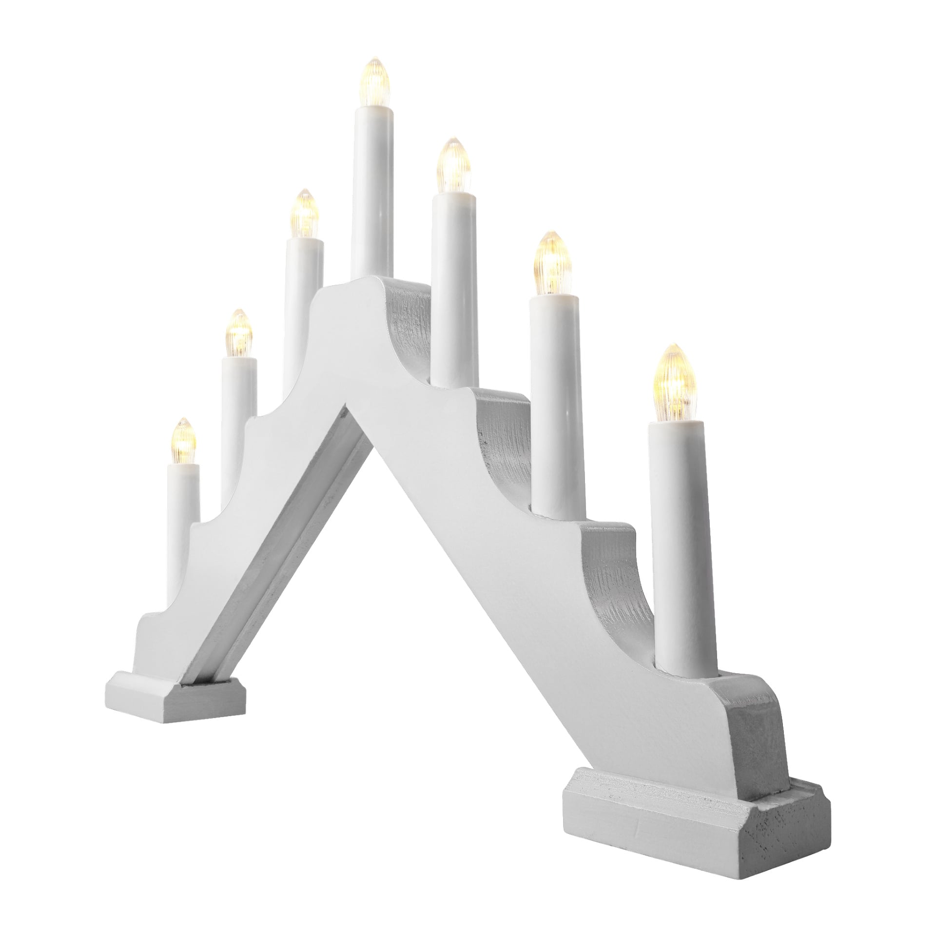 EKVIP LED-klassiska adventsljusstake har en vit träbåge som håller sju jämnt fördelade, elektriska LED-lampor formade som ljus, alla lysande starkt.