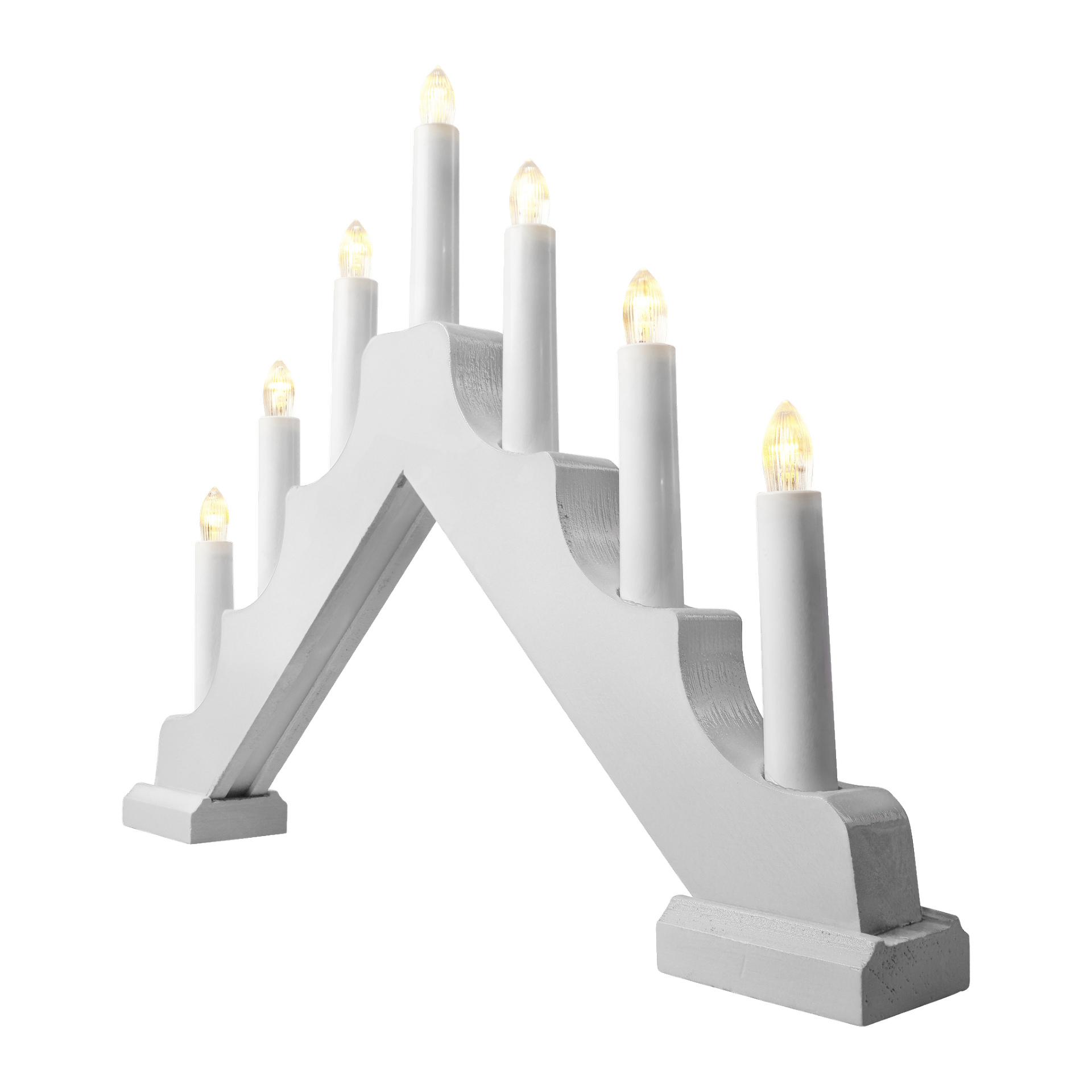 Der klassische EKVIP LED-Adventskerzenhalter verfügt über einen weißen Holzbogen mit sieben gleichmäßig verteilten, elektrischen LED-Lichtern in Kerzenform, die alle hell leuchten.