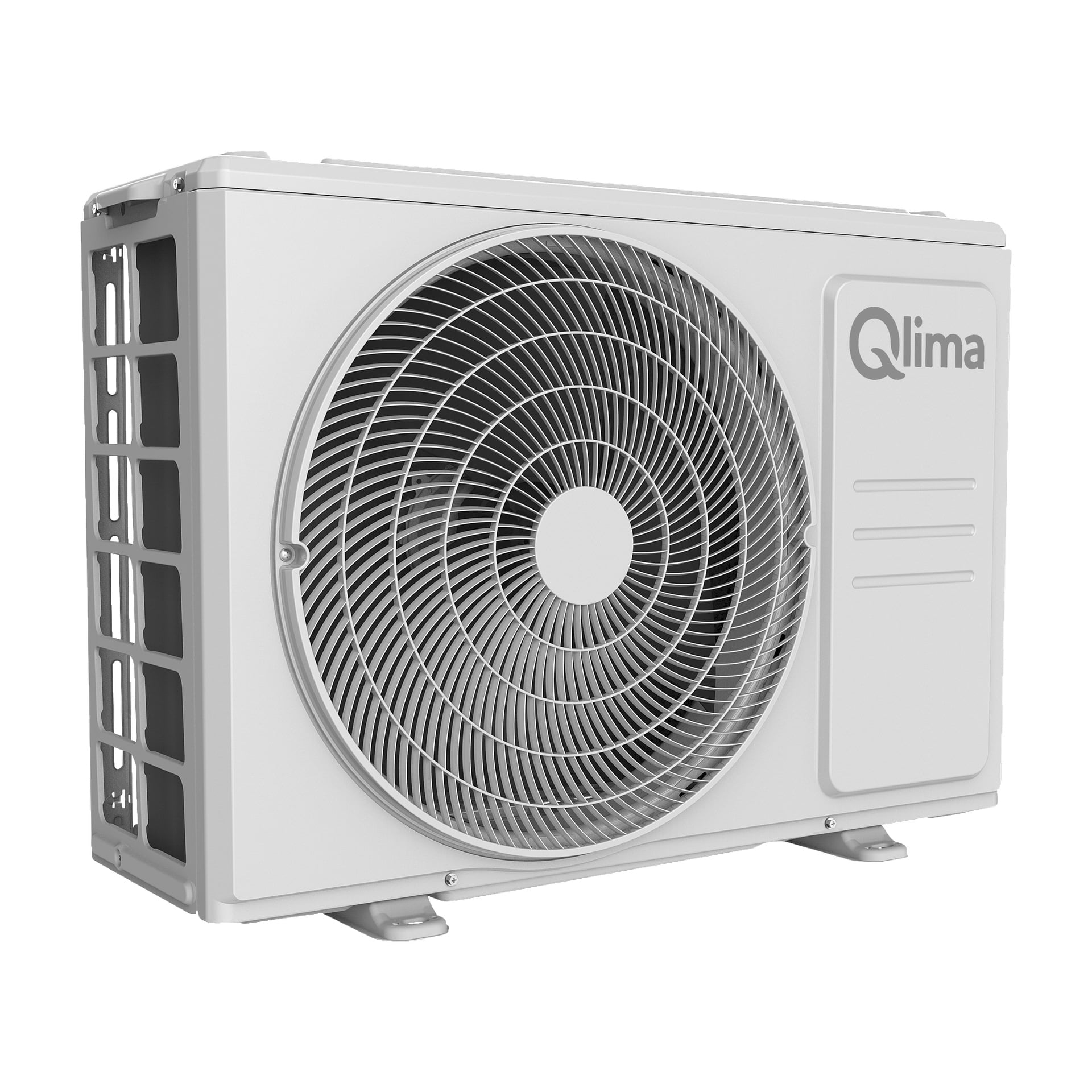 En vit Qlima Air S-JA 7222 värmepump med en framträdande cirkulär frontfläkt, en metallgrill längs sidan och märkesmärkningar på höger sida. Enheten står på ett par metallfästen.