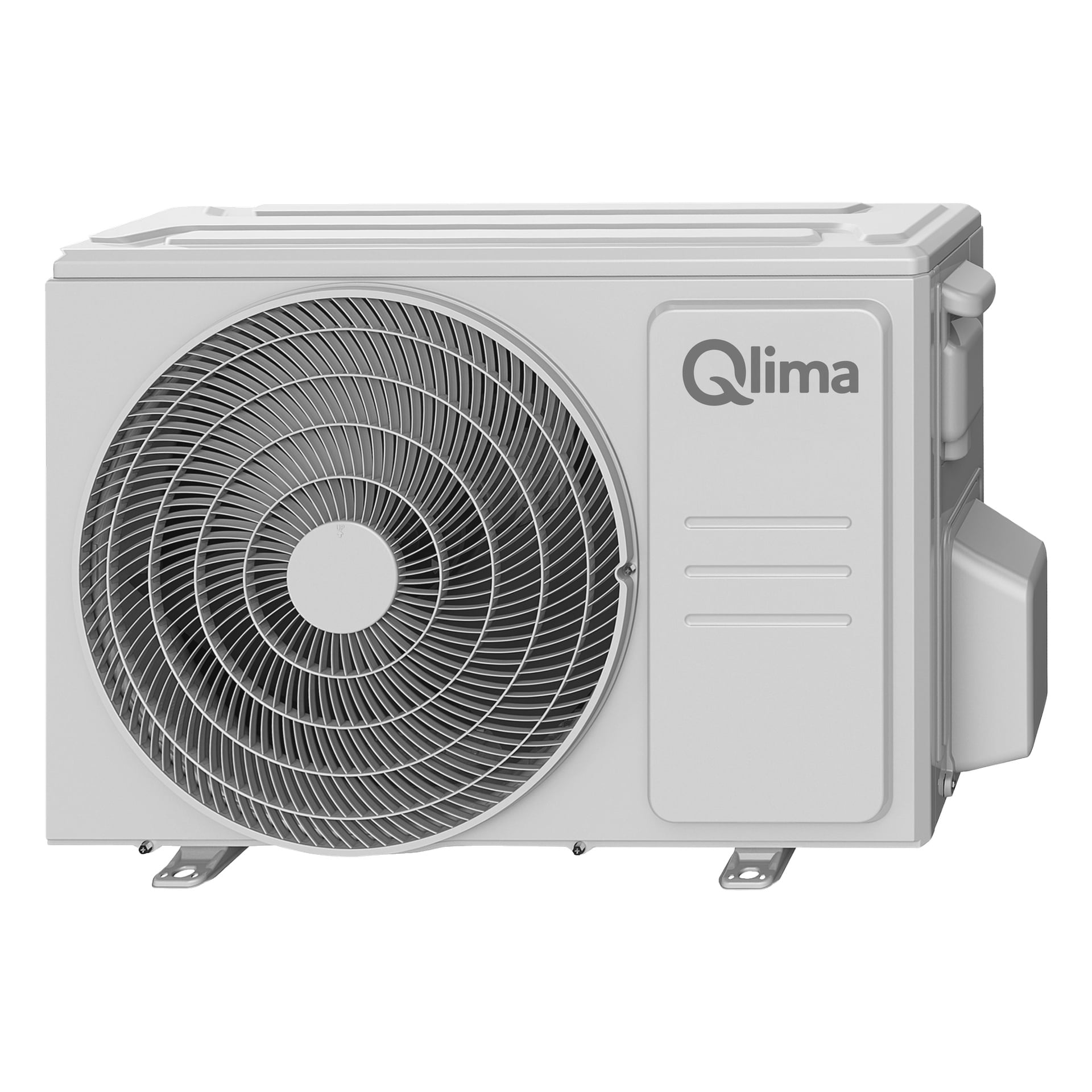 En vit Qlima Air S-JA 2522 värmepump för utomhusinstallation, med en framträdande cirkulär fläkt till vänster och varumärket visat till höger.