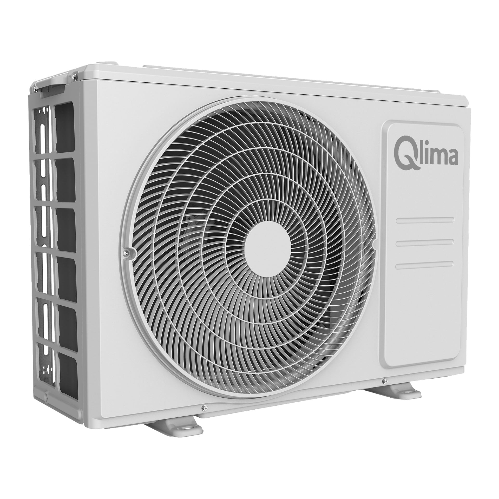 Qlima Air värmepump S-JA 2522 utomhusenhet med vit metallkropp, stort runt fläktgaller och Qlima-logotypen på höger sida.