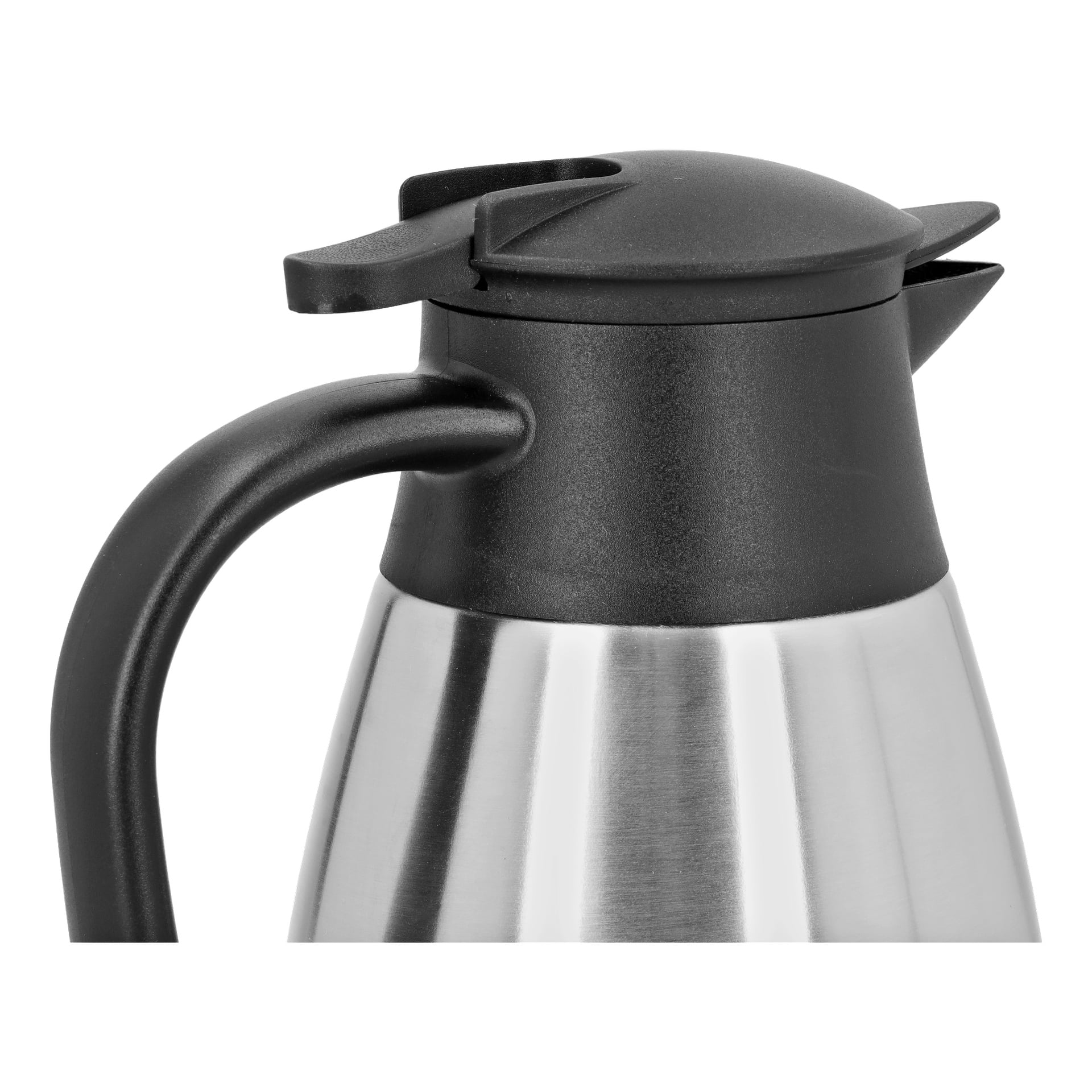 Zbliżenie dzbanka Menuett Thermos pokazuje jego korpus ze stali nierdzewnej, ozdobiony czarnym plastikowym uchwytem i pokrywką, wykonanymi do utrzymania temperatury napojów.
