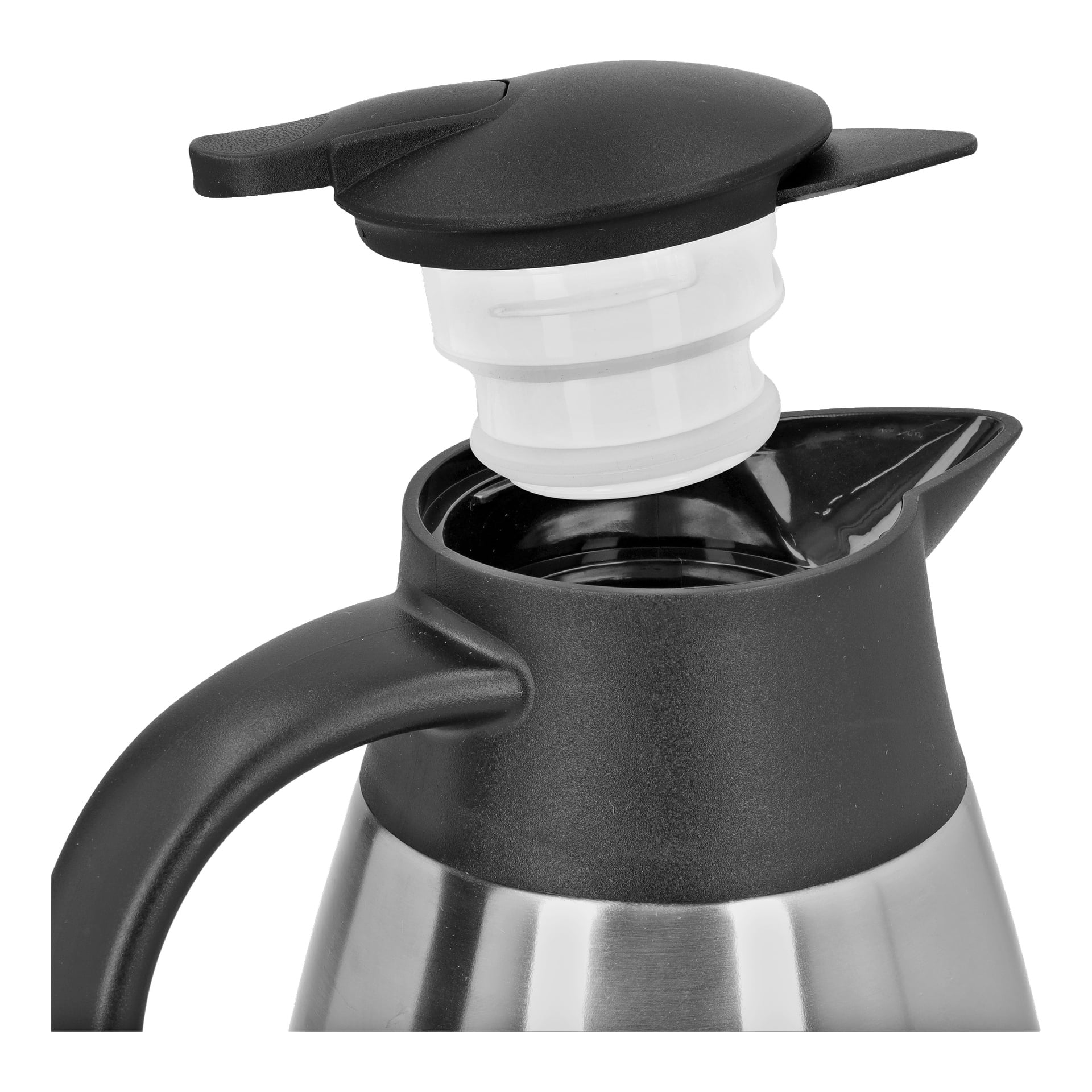 Dzbanek Menuett Thermos jest pokazany z bliska, podkreślając jego korpus ze stali nierdzewnej z czarną rączką i pokrywką. Pokrywa jest podnoszona, odsłaniając wylewkę i wnętrze komory.