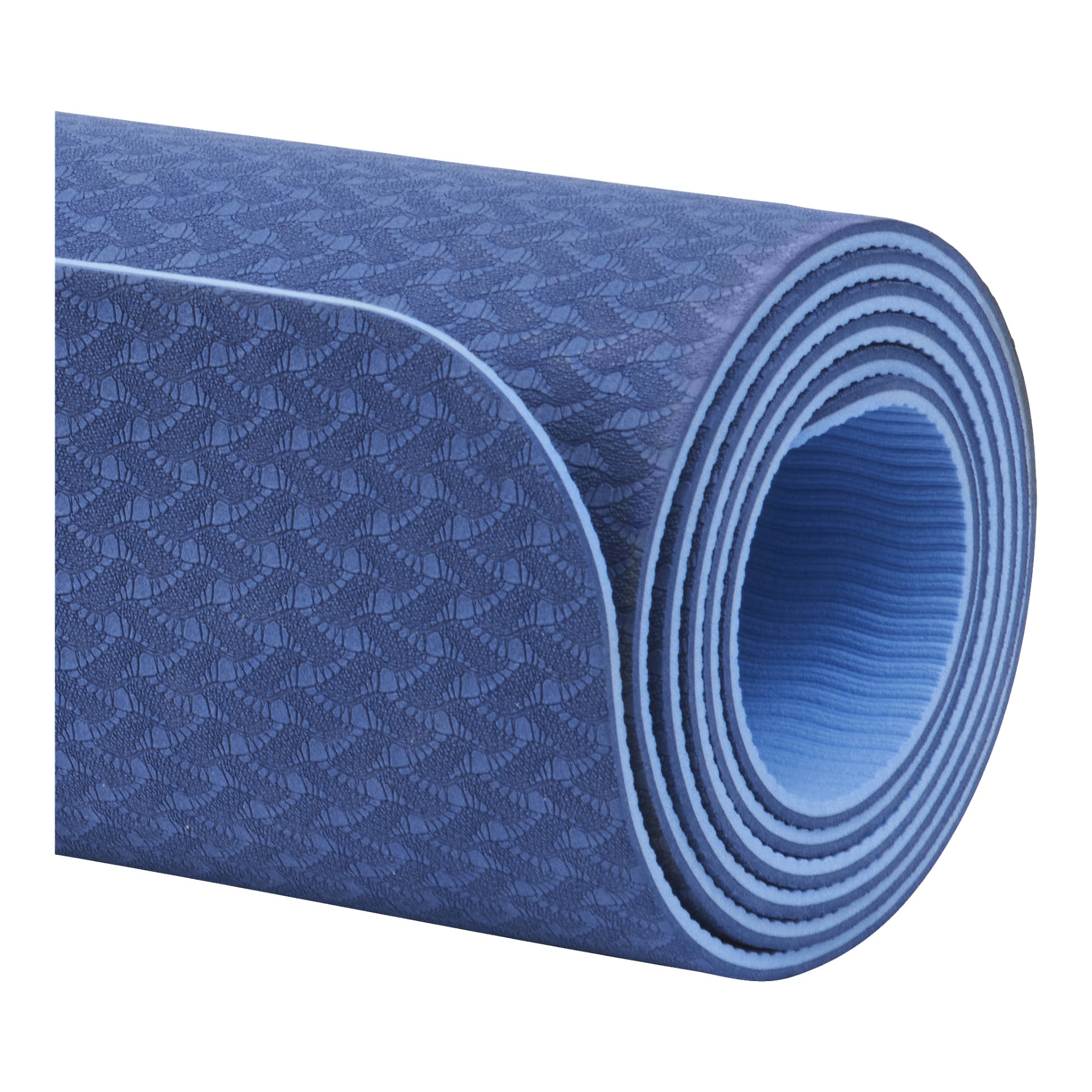 Sammenrullet blå Kayoba yogamatte med teksturert overflate og lyseblå kant, som fremhever spiralmønsteret på innsiden.