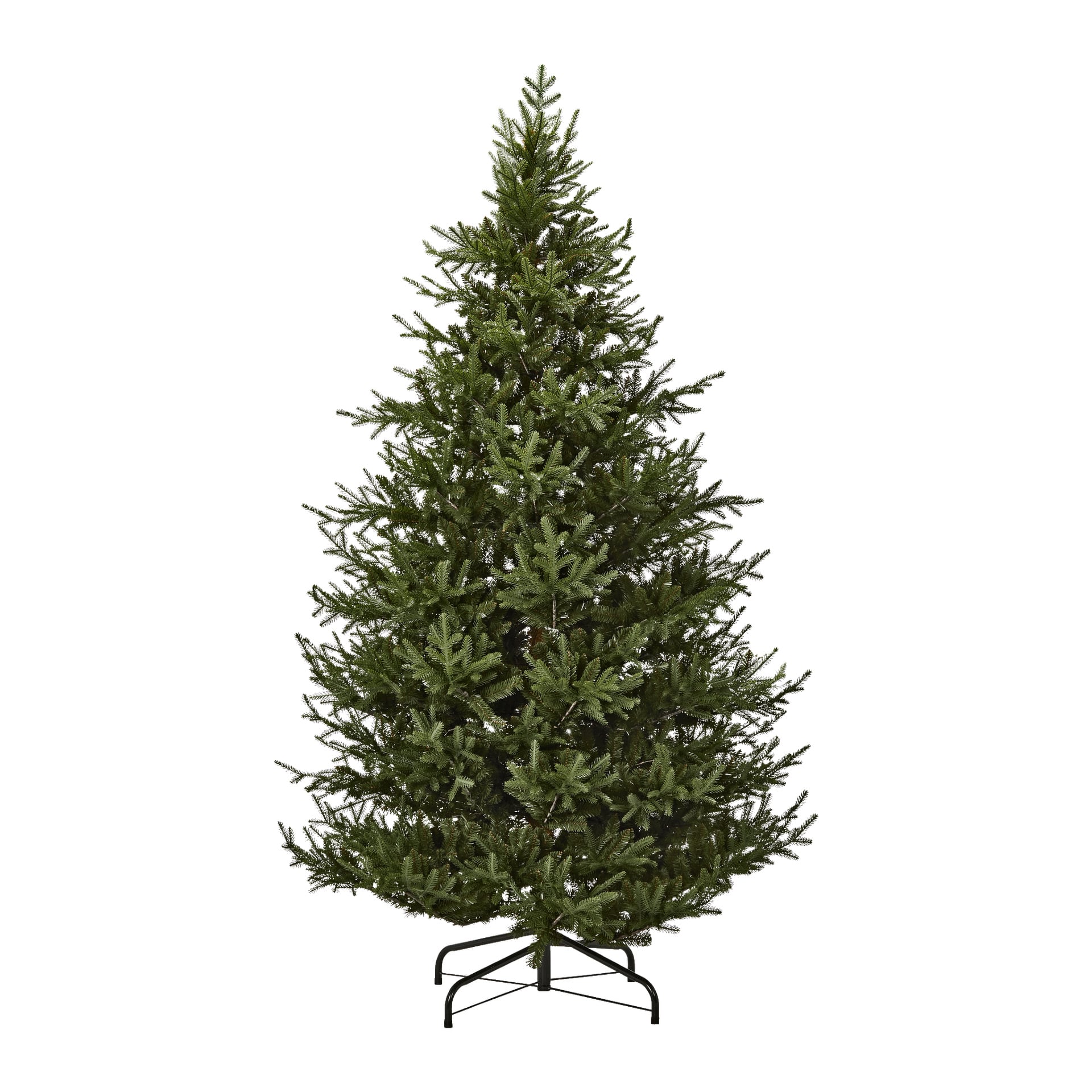 Et udekorert EKVIP Lifelike Premium juletre med tette greiner og realistiske grønne nåler står oppreist på et solid svart metallstativ.