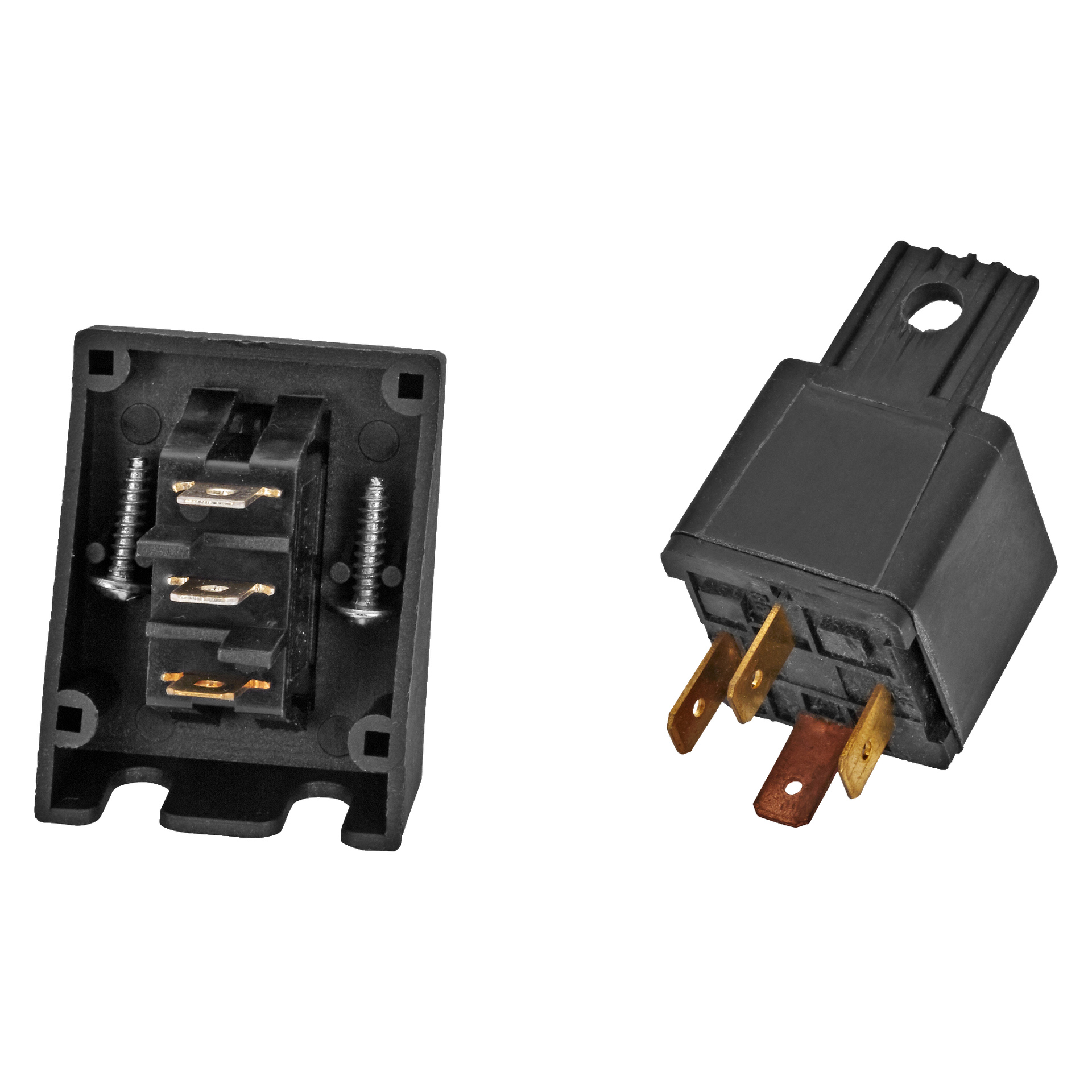 Två svarta Hamron Cable-kit för att lägga till extra lampor är synliga. Den vänstra delen är öppen, vilket exponerar dess metallfjädrar och kontakter inuti, medan den högra är stängd, med fyra metallstift för elektriska anslutningar synliga på undersidan.
