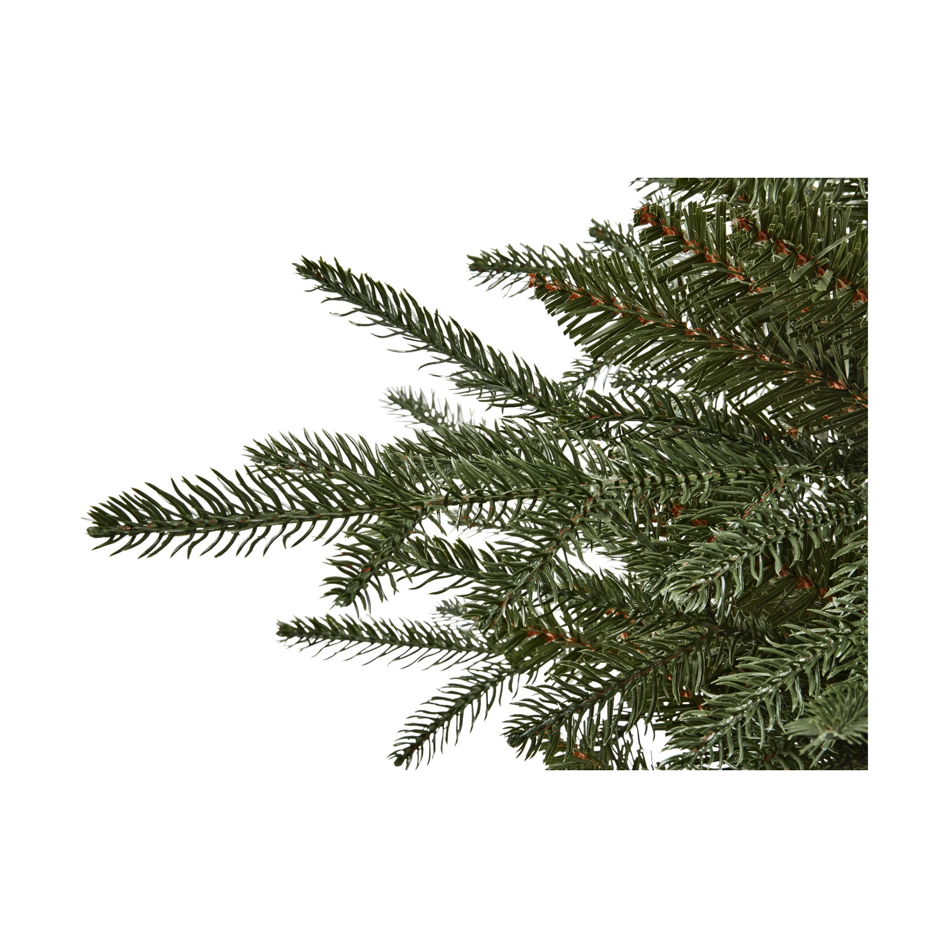 EKVIP Liten julgran med täckt betongbas, med täta gröna barr på utsträckta grenar och rödbruna stjälkar.
