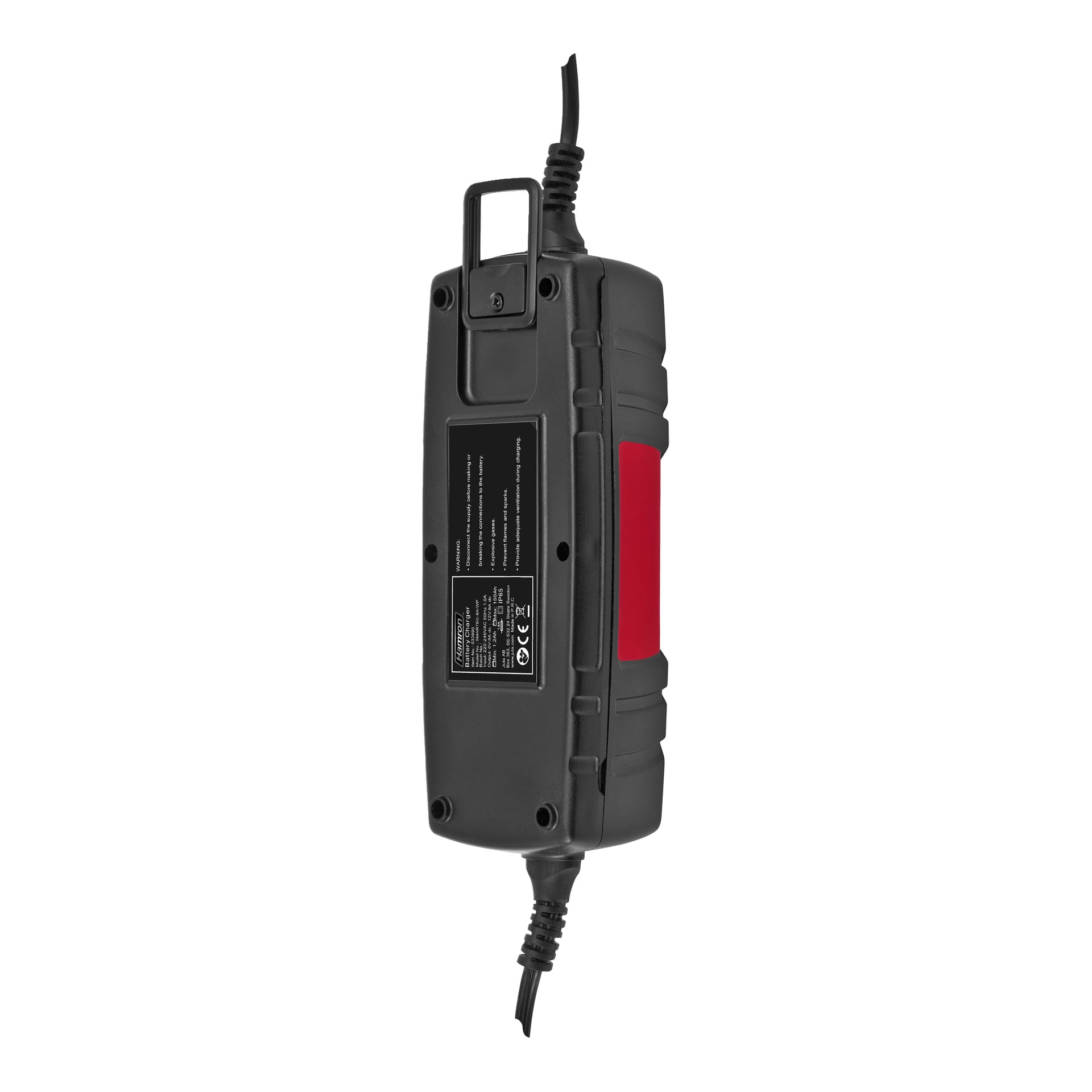Hamron Battery Charger har en svart och röd rektangulär design, en klar elektrisk etikett och två kablar som sträcker sig från varje sida.