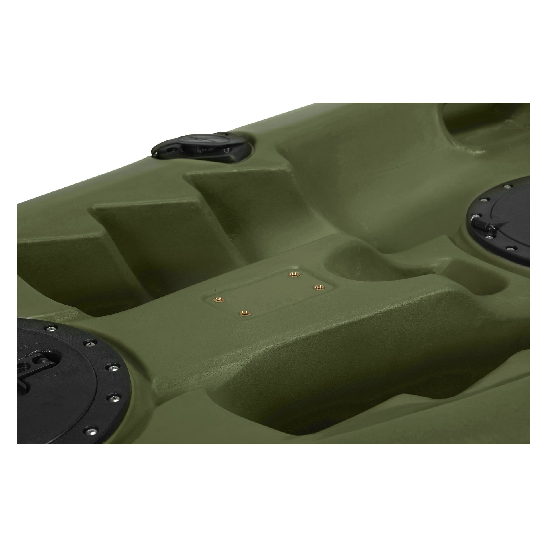 Detaillierte Ansicht eines Kayoba Outdoor Kayaks mit einer grün geformten Außenfassade, zwei runden Aufbewahrungsfächern mit schwarzen Deckeln und Verschlüssen, integrierten Fußstützen und einem versenkten Abschnitt, der von kleinen eingebauten Schrauben gehalten wird.