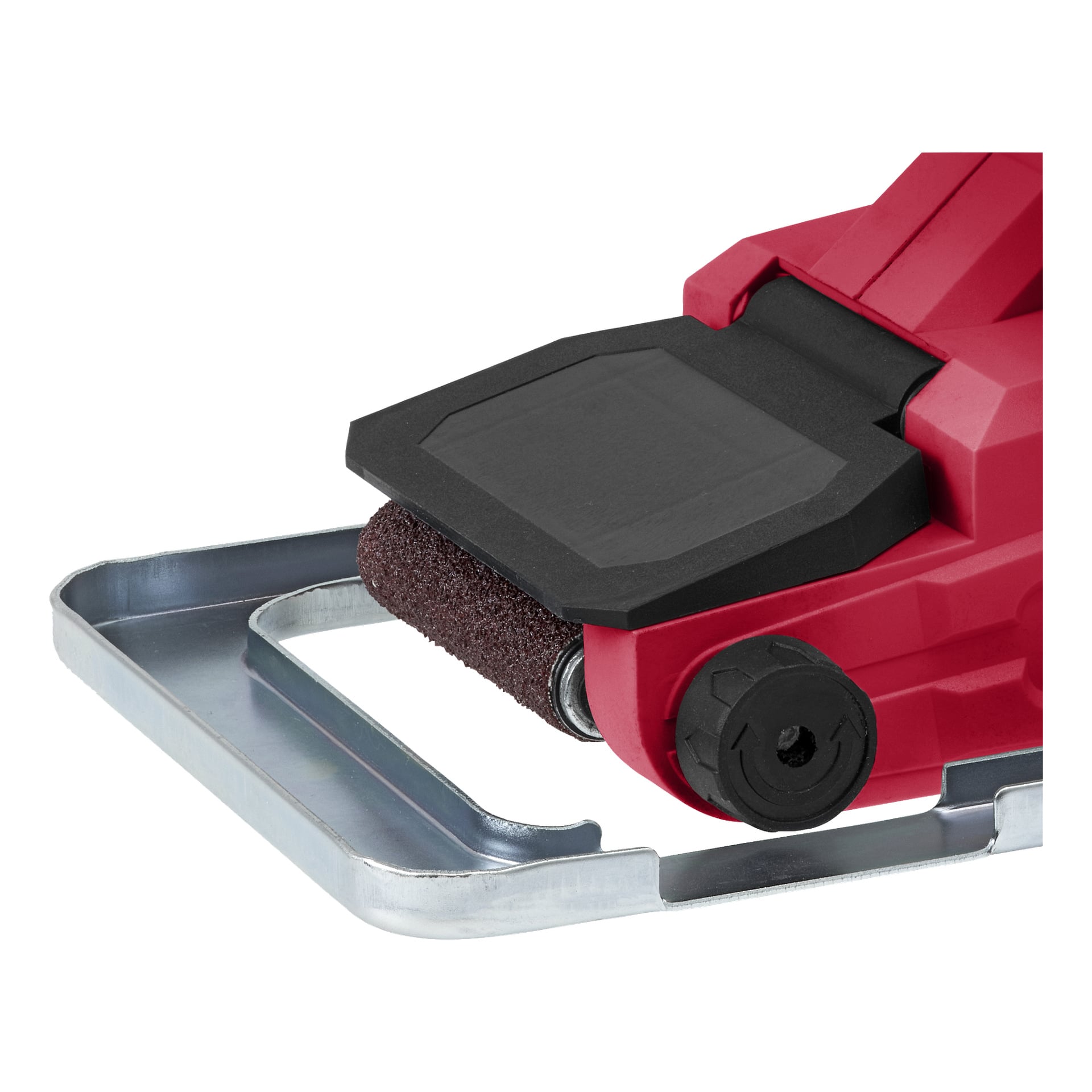 Szczegółowy widok szlifierki Meec Tools Belt podkreśla jej czerwone ciało, cylindryczny pas szlifierski, metalową podstawę, czarne pokrętło regulacyjne oraz ochronną obudowę.