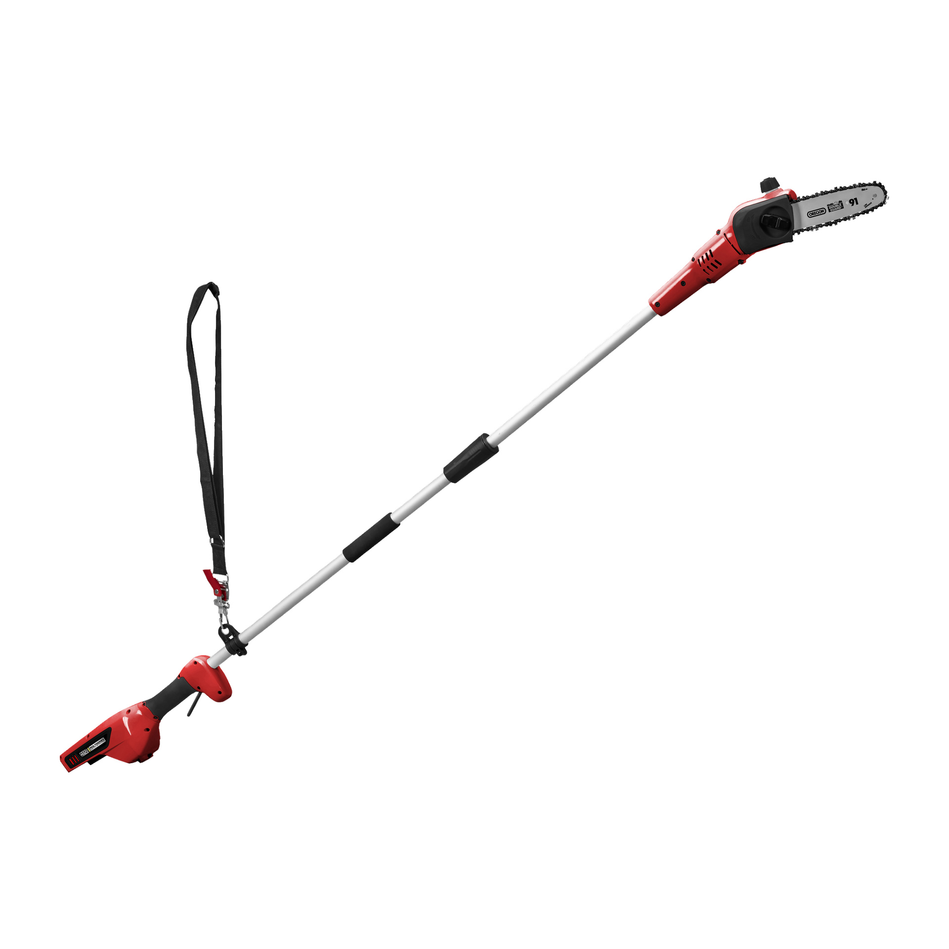 Czerwono-piła do przycinania Meec Tools Multiseries 40 V zasilana bateriami wyposażona jest w wałek przedłużający i pasek na ramię, odpowiednie do cięcia wysokich gałęzi.