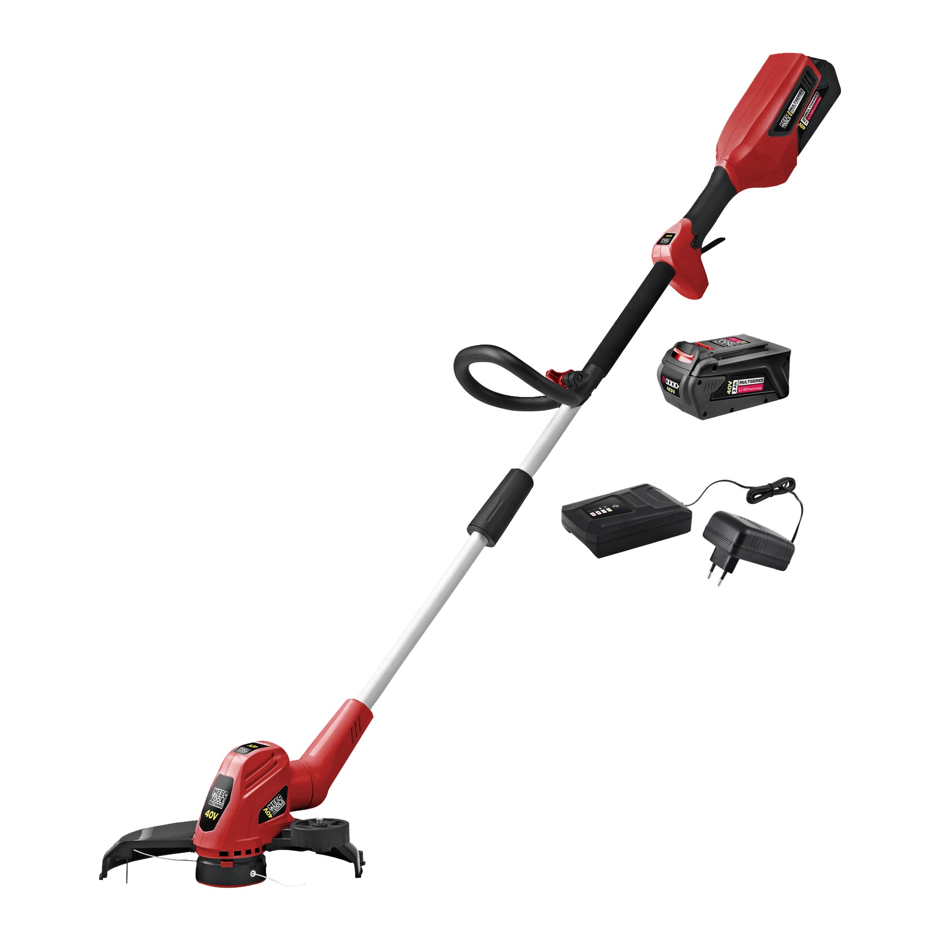 Punamusta Meec Tools Multiseries 40 V johdoton ruohotrimmeri, jossa on pidennetty kahva, sijoitettu vinosti ladattavan akun ja erillisen akkulaturin viereen.
