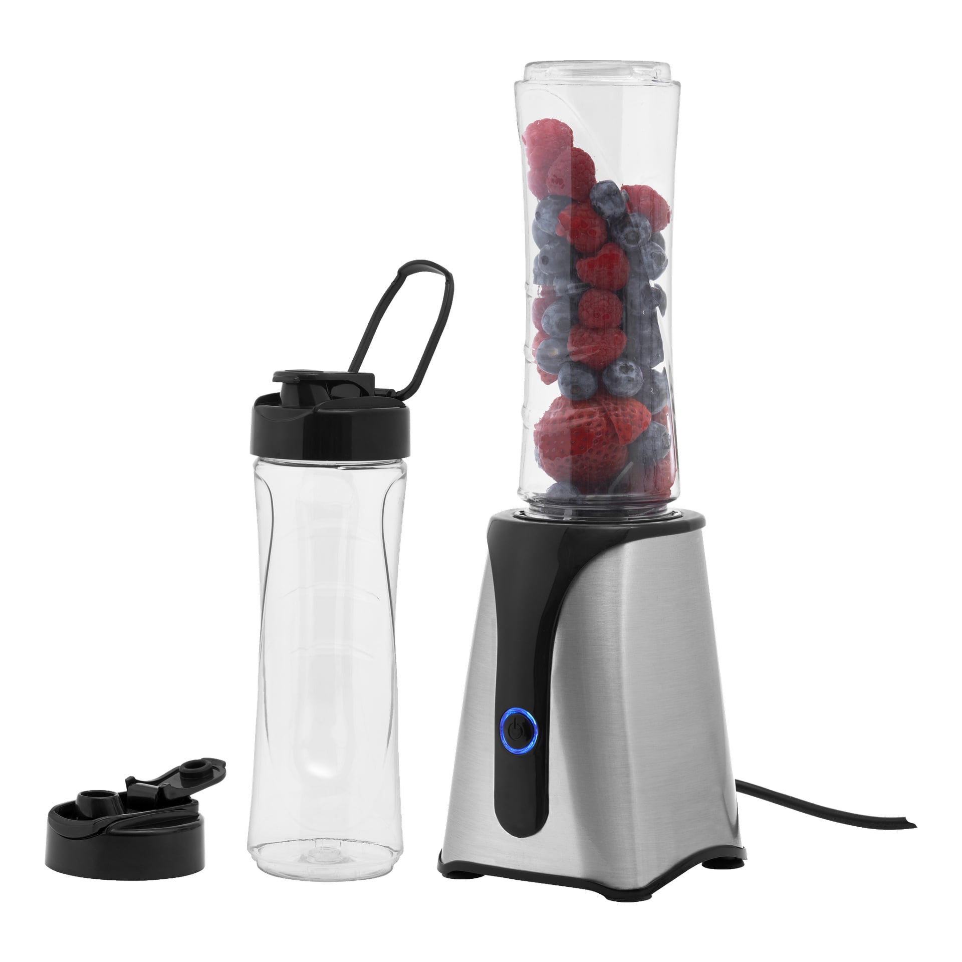 En rostfri Bright Blender visas tillsammans med en transparent flaska fylld med jordgubbar och blåbär, en tom flaska och två svarta lock.