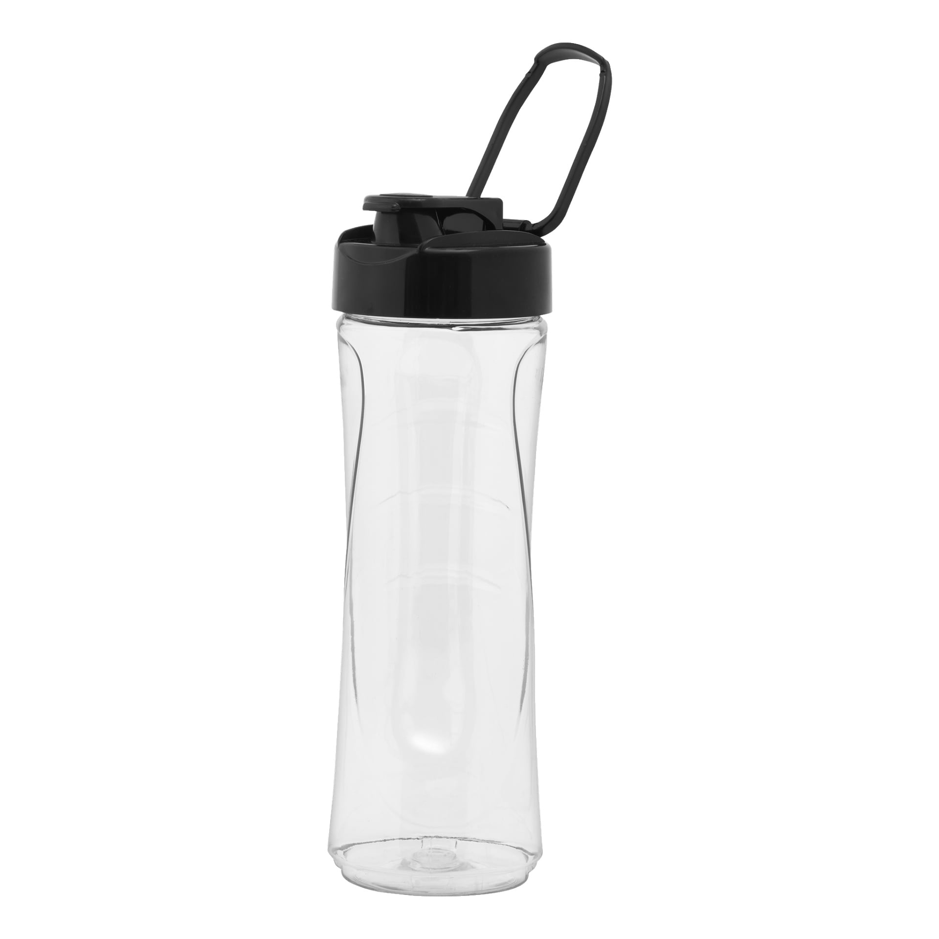 Bright Blender genomskinlig plastvattenflaska med svart fällbar lock och ett fäst handtag, stående upprätt.