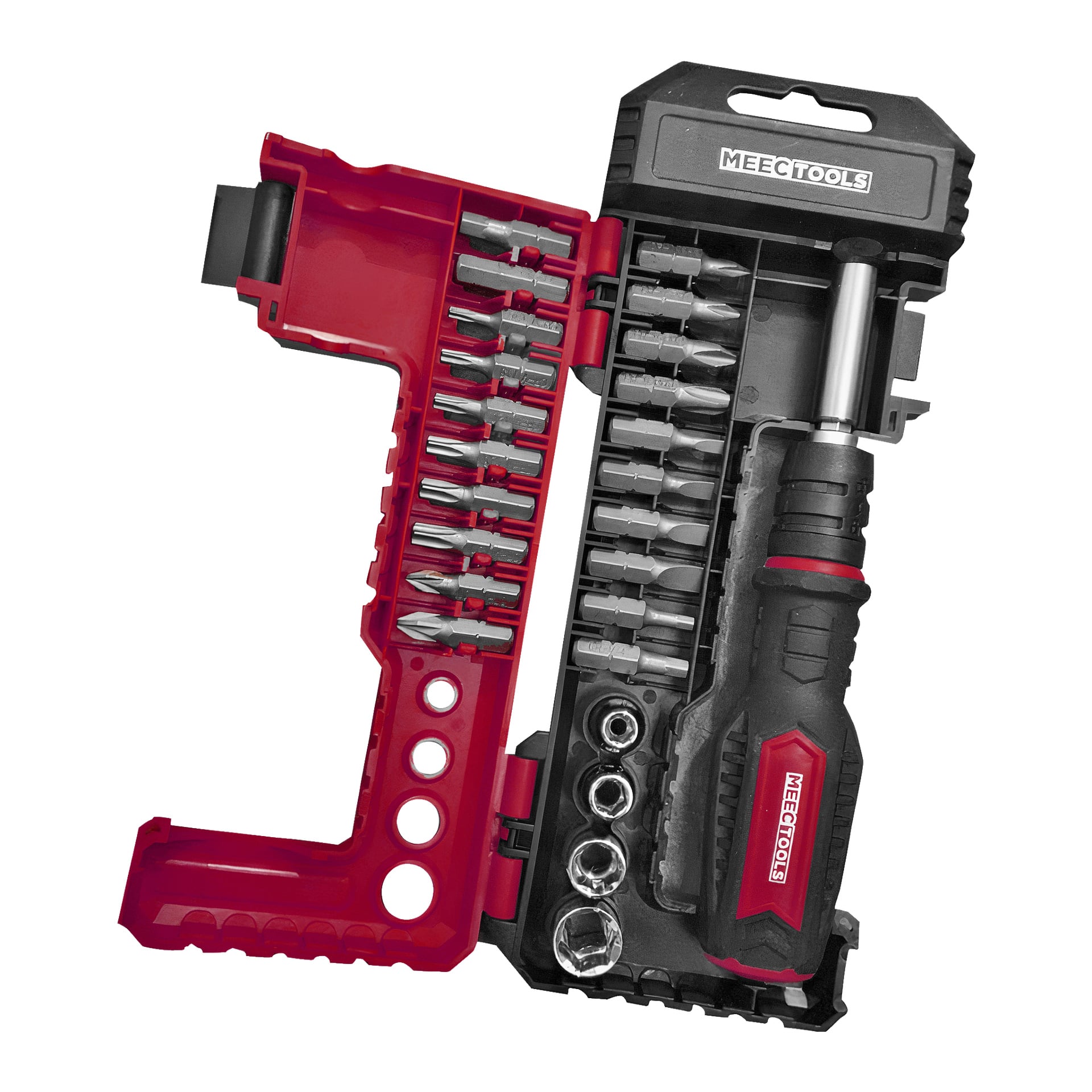 Ett 25-delat Meec Tools Bit är öppet och visar olika skruvmejselbitar, hylsor och ett spärrhandtag. Det svarta och röda fodralet ordnar bitarna och hylsorna i prydliga rader.