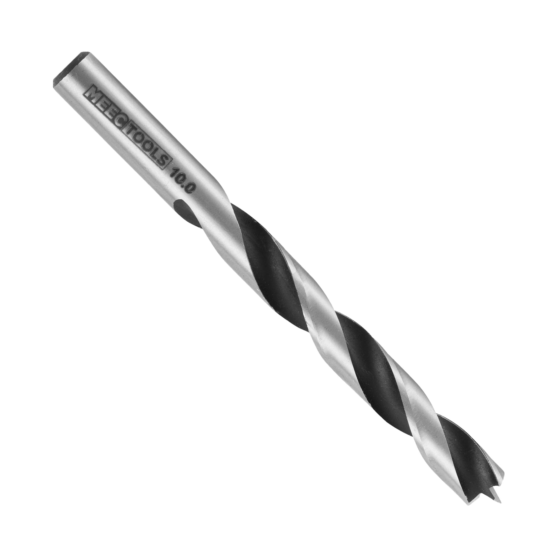 En detaljerad vy av en träborr från Meec Tools med spiralspårmönster och vass spets, avsedd för användning på trä, metall eller plast.